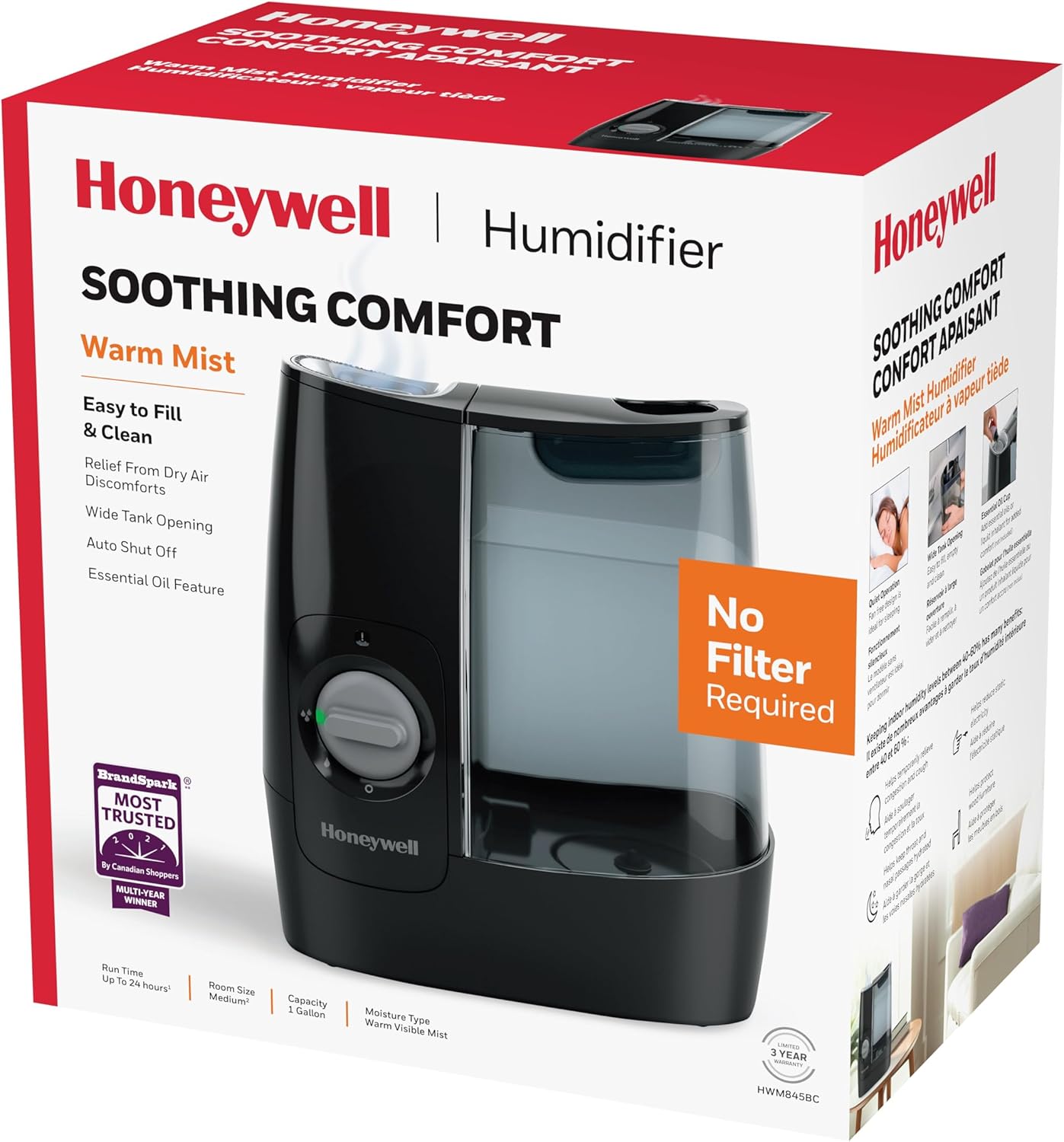 Honeywell HWM845 Warm Mist Humidifier with Essential Oil Cup Filter Free Black - 24hrsmart