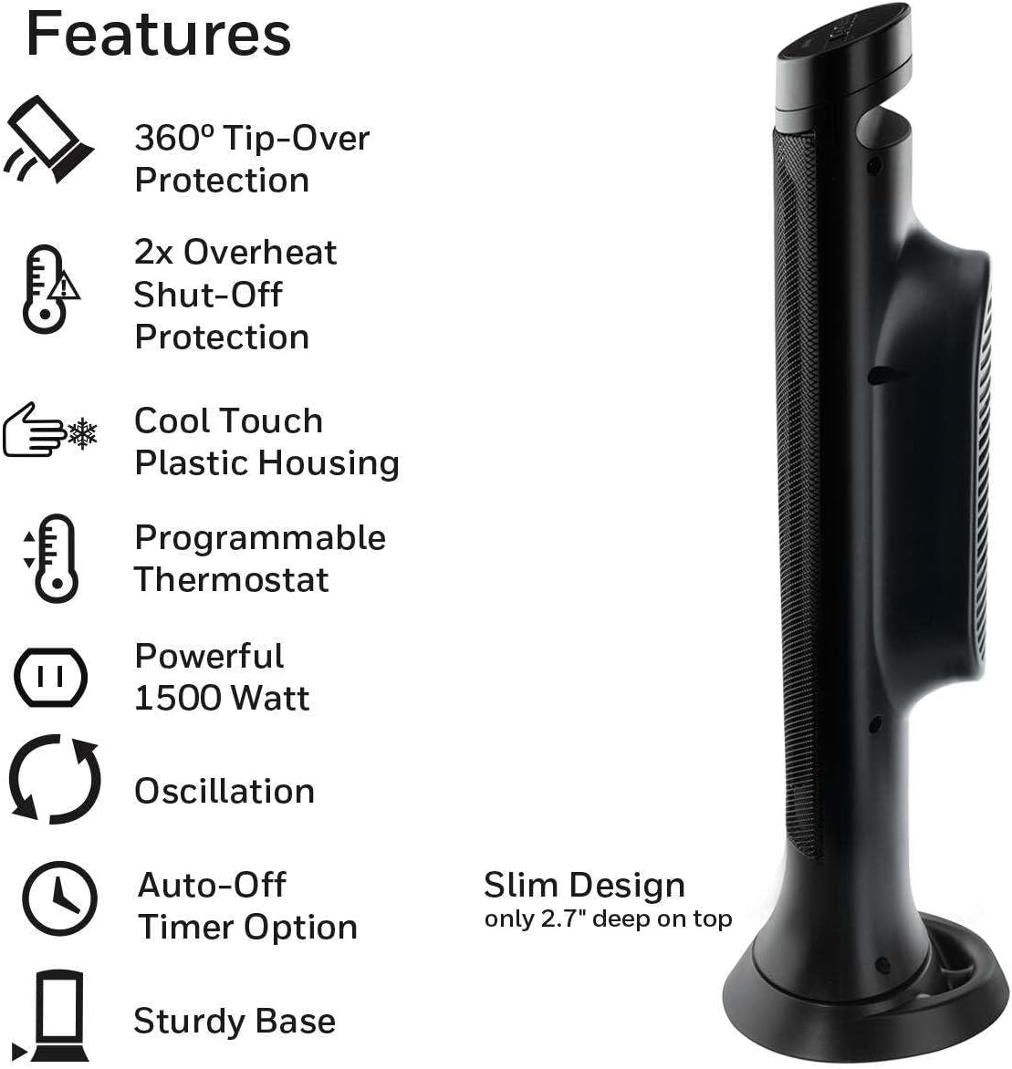 Honeywell Slim Ceramic Tower Heater Black: Indoor Space Heater, Adjustable - 24hrsmart