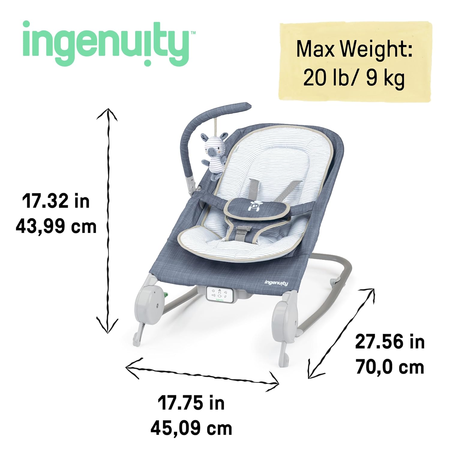 Ingenuity Happy Belly Rock - to - Bounce Massage Seat - Chambray - 24hrsmart
