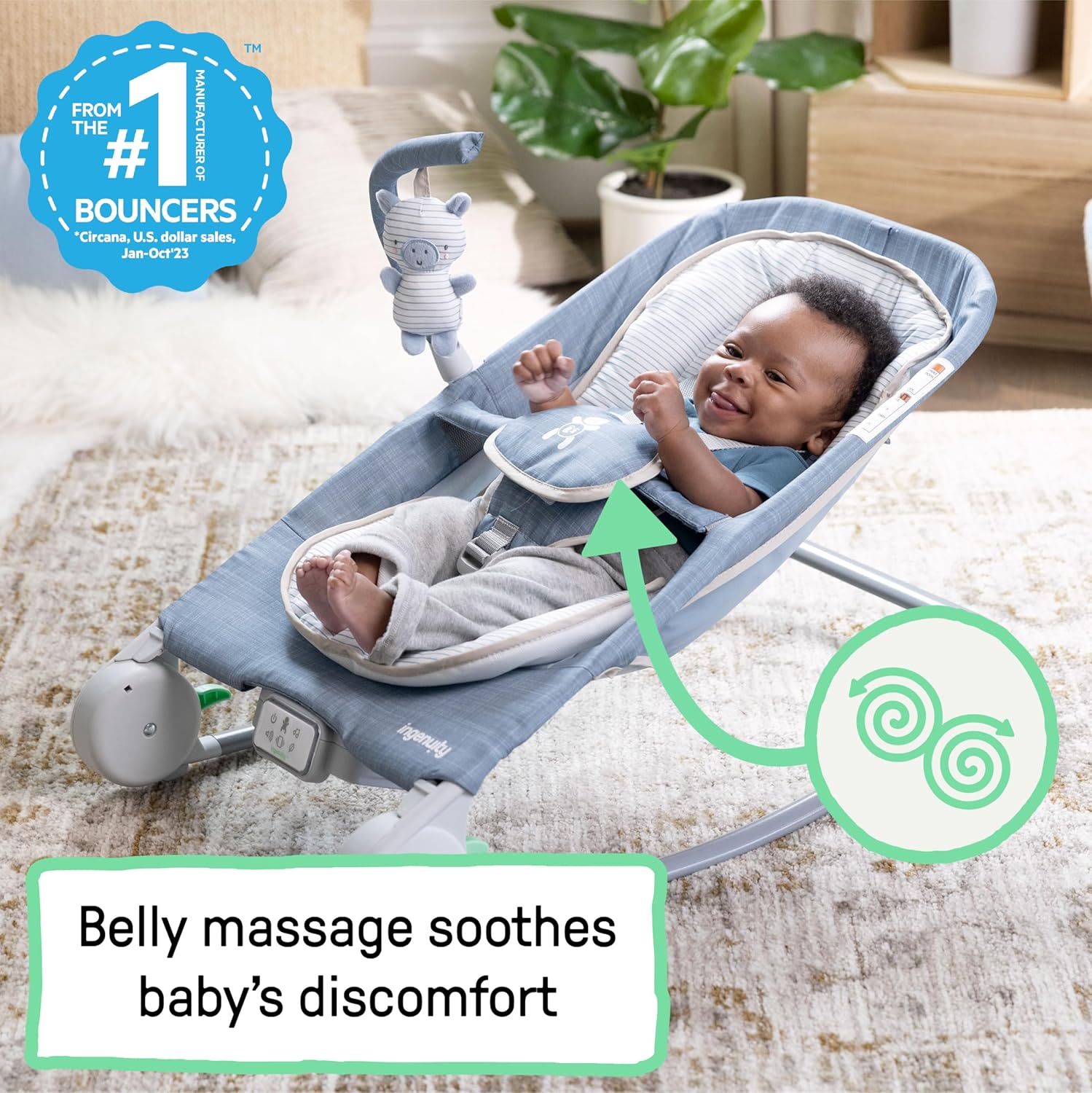 Ingenuity Happy Belly Rock - to - Bounce Massage Seat - Chambray - 24hrsmart