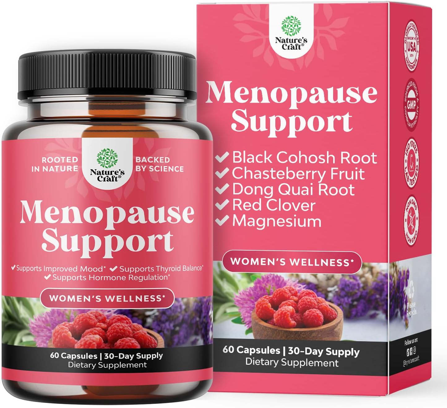 Complete Herbal Menopause Supplement for Women - Female Hormone Balance Capsules for Night Sweats, Hot Flashes & Mood Swings with Dong Quai, Chaste Berry & Black Cohosh Root - 60 Count Pack 24Hr Smart
