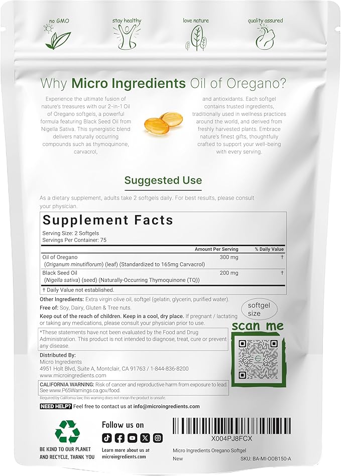 Micro Ingredients Oil of Oregano Softgels with Black Seed Oil – 150 Count Immune Support Formula - 24hrsmart
