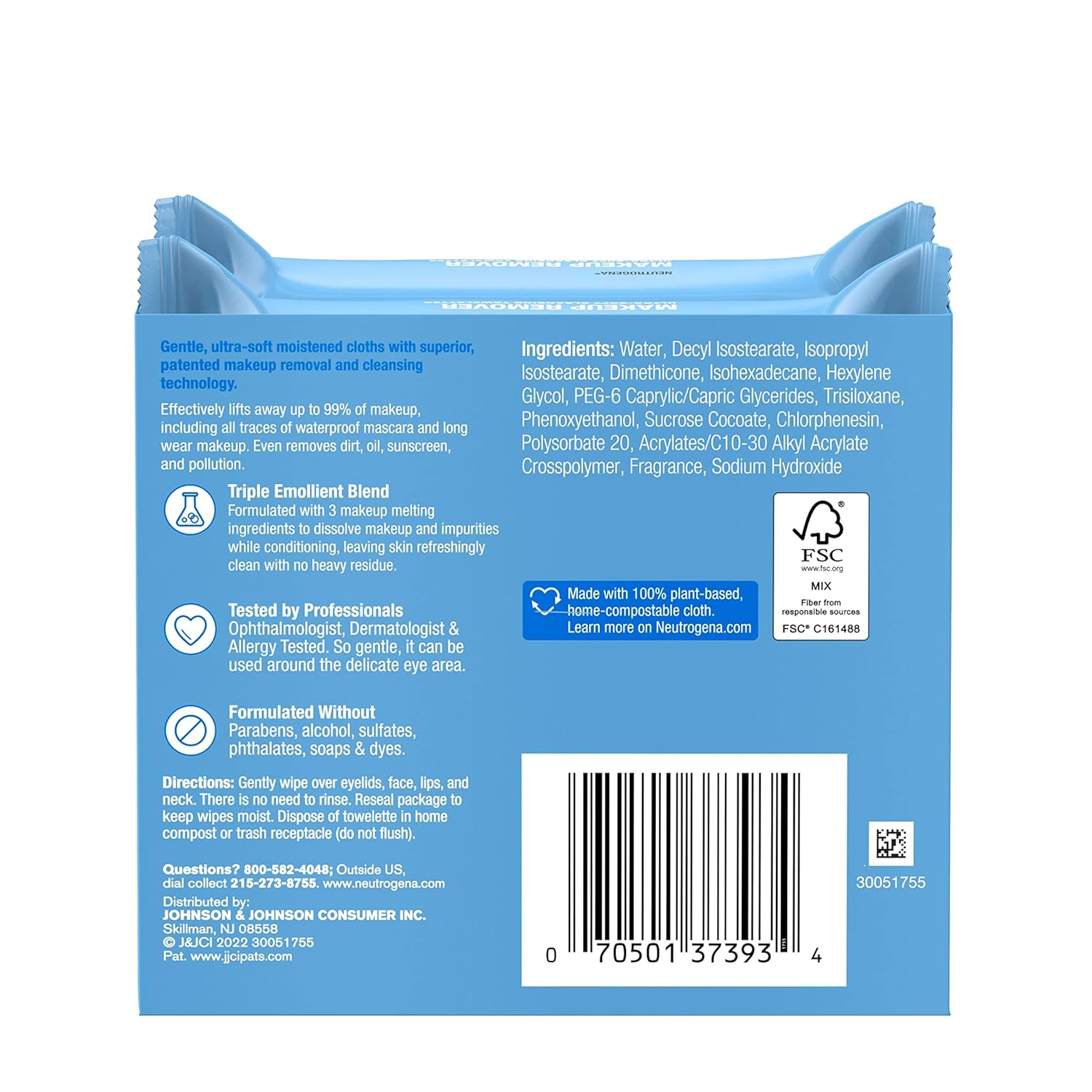 Neutrogena Cleansing Fragrance Free Makeup Remover Face Wipes, Cleansing Facial Towelettes for Waterproof Makeup, Alcohol - Free, Unscented, 100% Plant - Based Fibers, Twin Pack, 2 x 25 ct - 24hrsmart