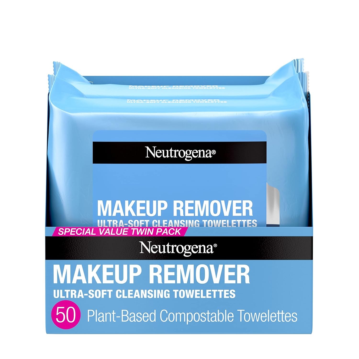 Neutrogena Cleansing Fragrance Free Makeup Remover Face Wipes, Cleansing Facial Towelettes for Waterproof Makeup, Alcohol - Free, Unscented, 100% Plant - Based Fibers, Twin Pack, 2 x 25 ct - 24hrsmart