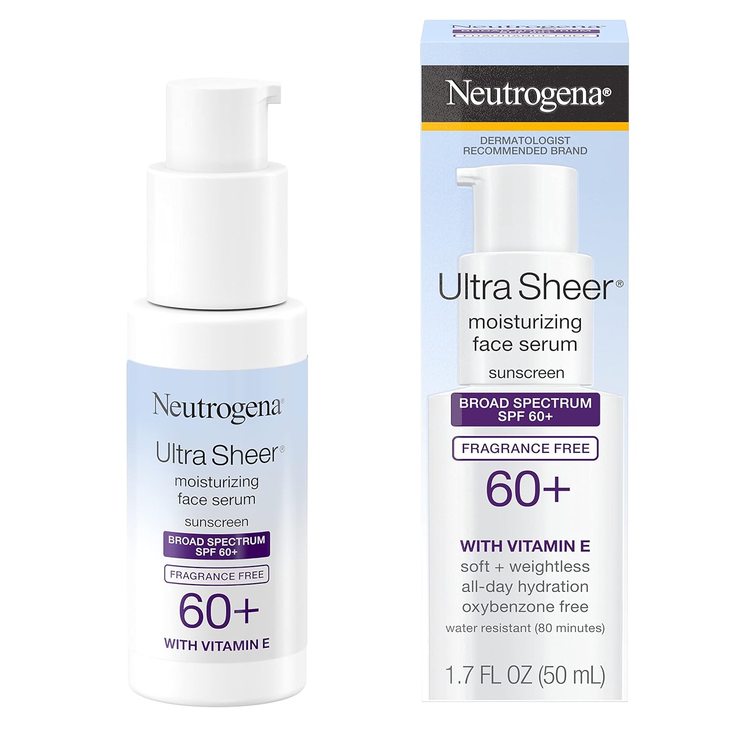 Neutrogena Ultra Sheer Moisturizing Face Serum with Vitamin E & SPF 60+, All Day Facial Sunscreen Serum with Broad Spectrum UVA/UVB Protection, Fragrance - Free, Oxybenzone - Free, 1.7 oz - 24hrsmart