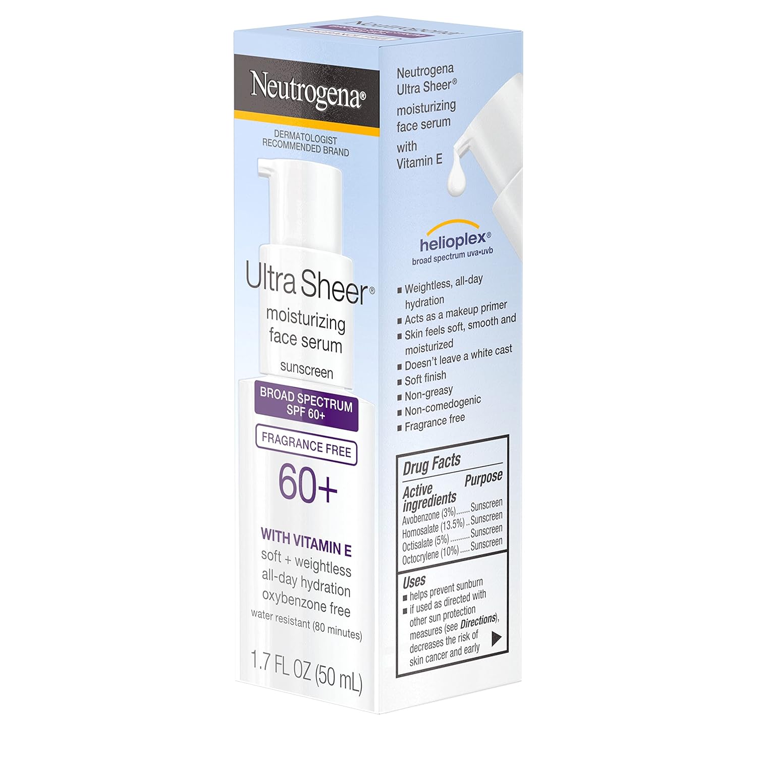 Neutrogena Ultra Sheer Moisturizing Face Serum with Vitamin E & SPF 60+, All Day Facial Sunscreen Serum with Broad Spectrum UVA/UVB Protection, Fragrance - Free, Oxybenzone - Free, 1.7 oz - 24hrsmart