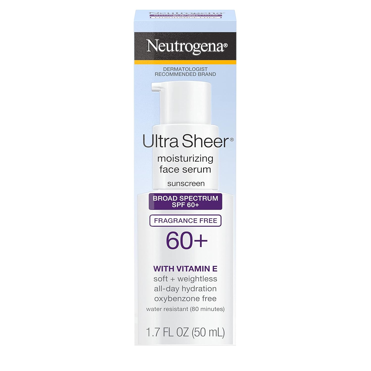 Neutrogena Ultra Sheer Moisturizing Face Serum with Vitamin E & SPF 60+, All Day Facial Sunscreen Serum with Broad Spectrum UVA/UVB Protection, Fragrance - Free, Oxybenzone - Free, 1.7 oz - 24hrsmart