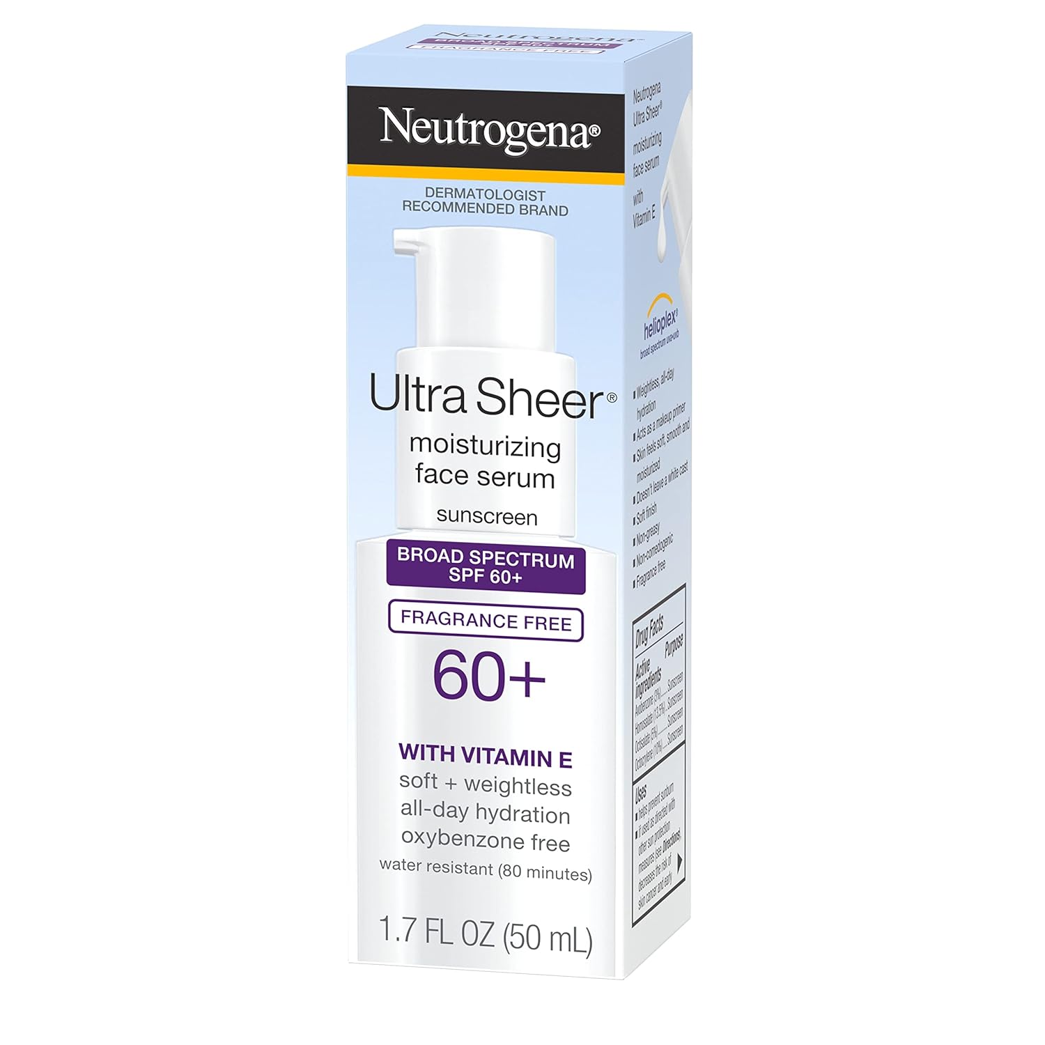 Neutrogena Ultra Sheer Moisturizing Face Serum with Vitamin E & SPF 60+, All Day Facial Sunscreen Serum with Broad Spectrum UVA/UVB Protection, Fragrance - Free, Oxybenzone - Free, 1.7 oz - 24hrsmart