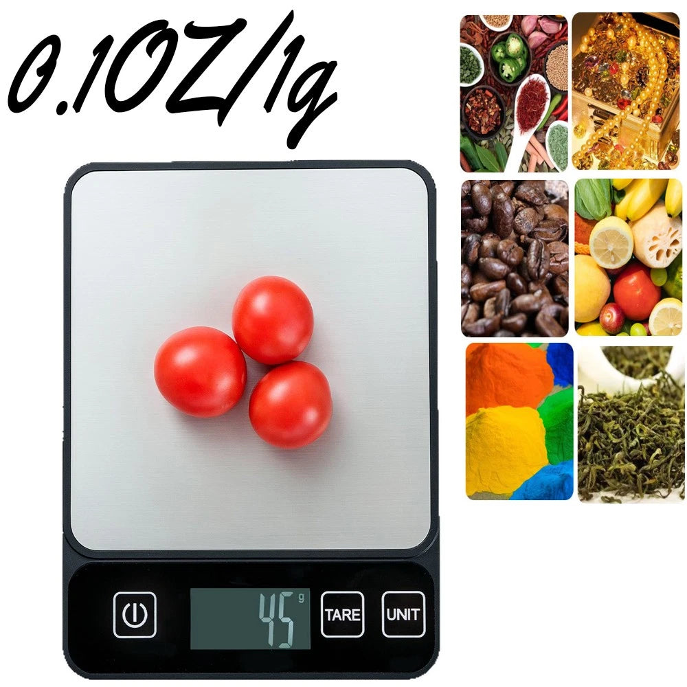 Digital kitchen scale weighing tomatoes, alongside images of spices, coffee beans, fruits, pigments, and tea leaves.