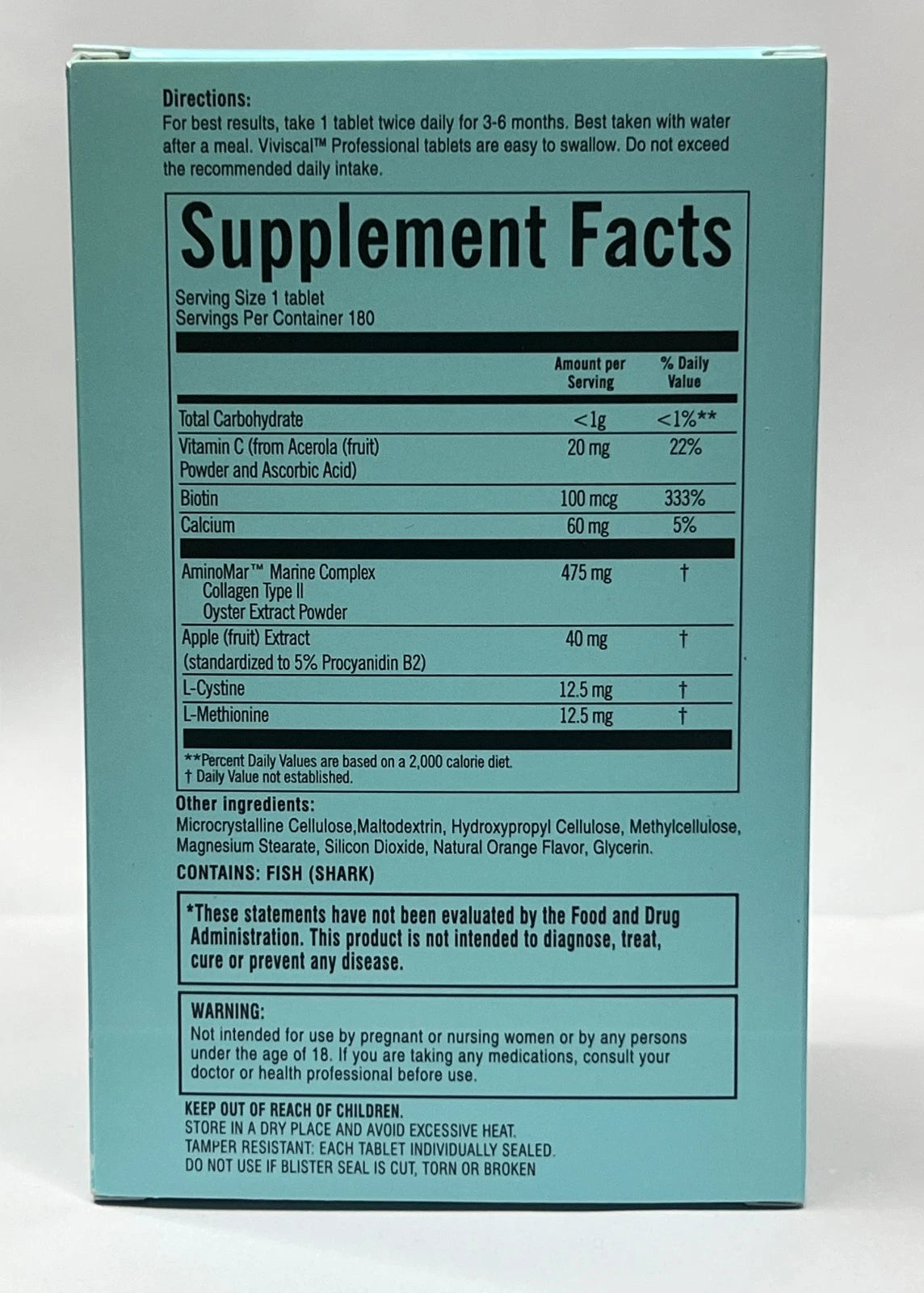 Back packaging panel of Viviscal Professional dietary supplement displaying Supplement Facts label, directions, and safety warnings.