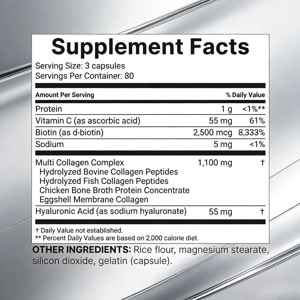 Multi Collagen capsules with hyaluronic acid vitamin C and biotin for beauty and wellness.