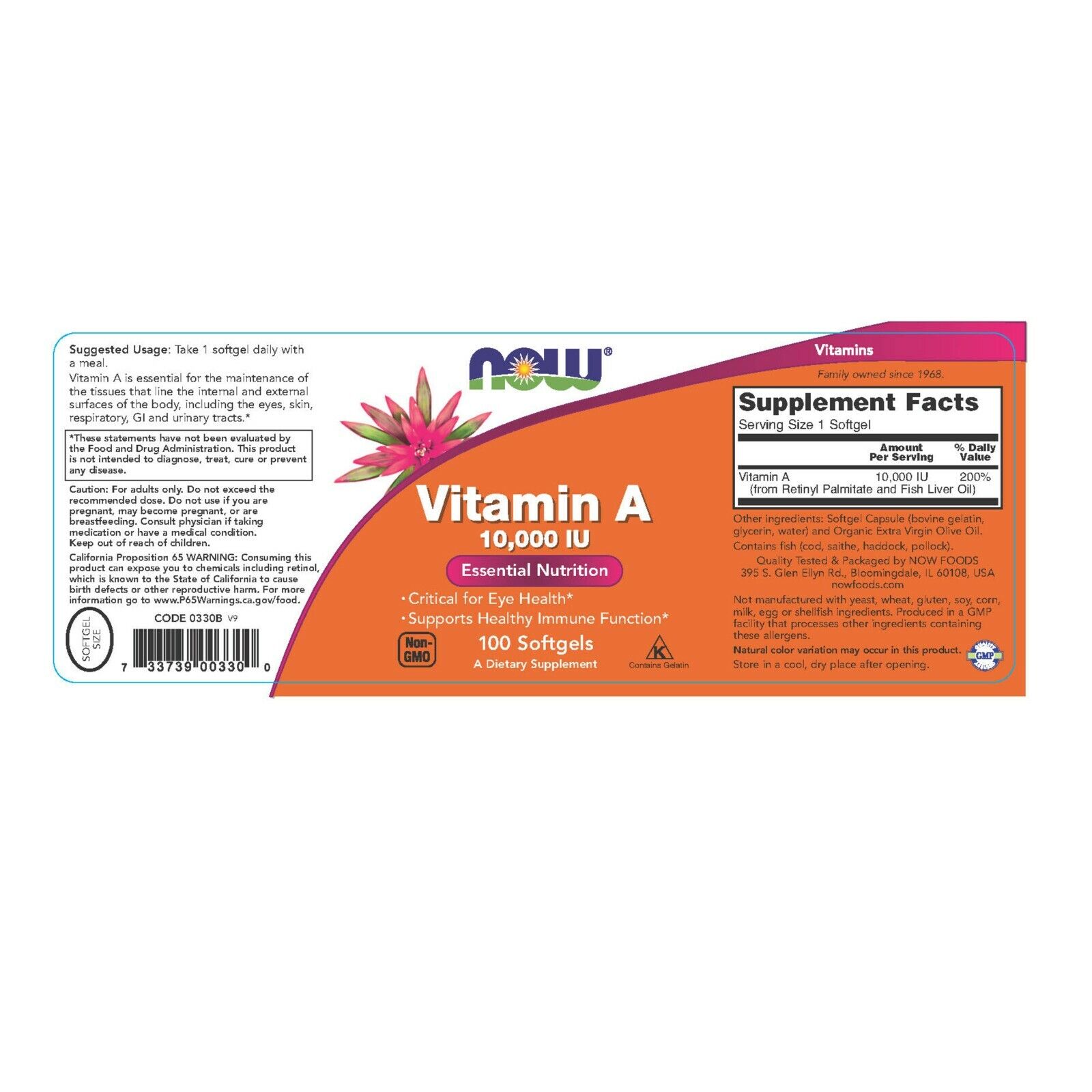 NOW Foods Vitamin A, 10,000 IU, 100 Softgels 24Hr Smart