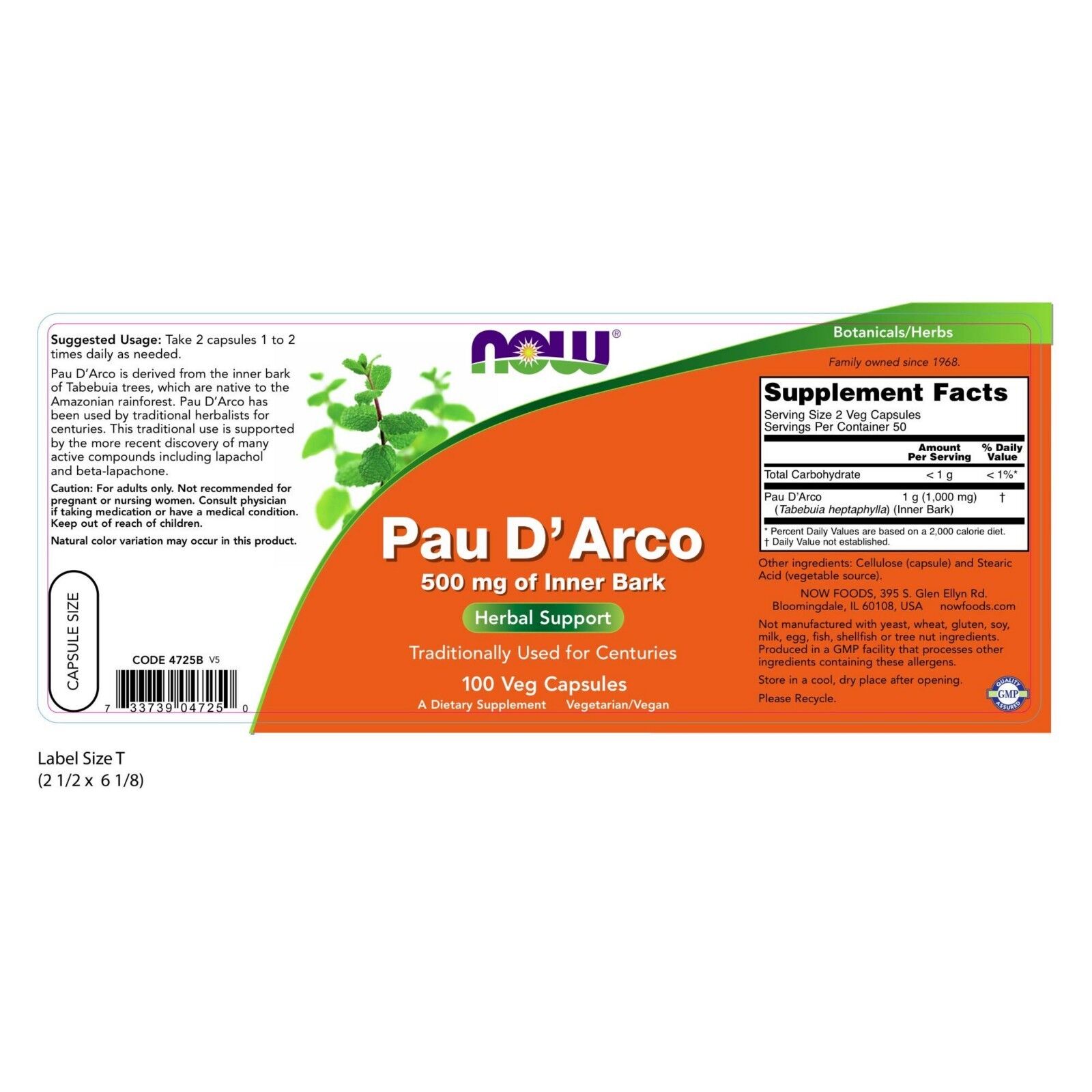 NOW Foods Pau D'Arco, 500 mg, 100 Veg Capsules 24Hr Smart