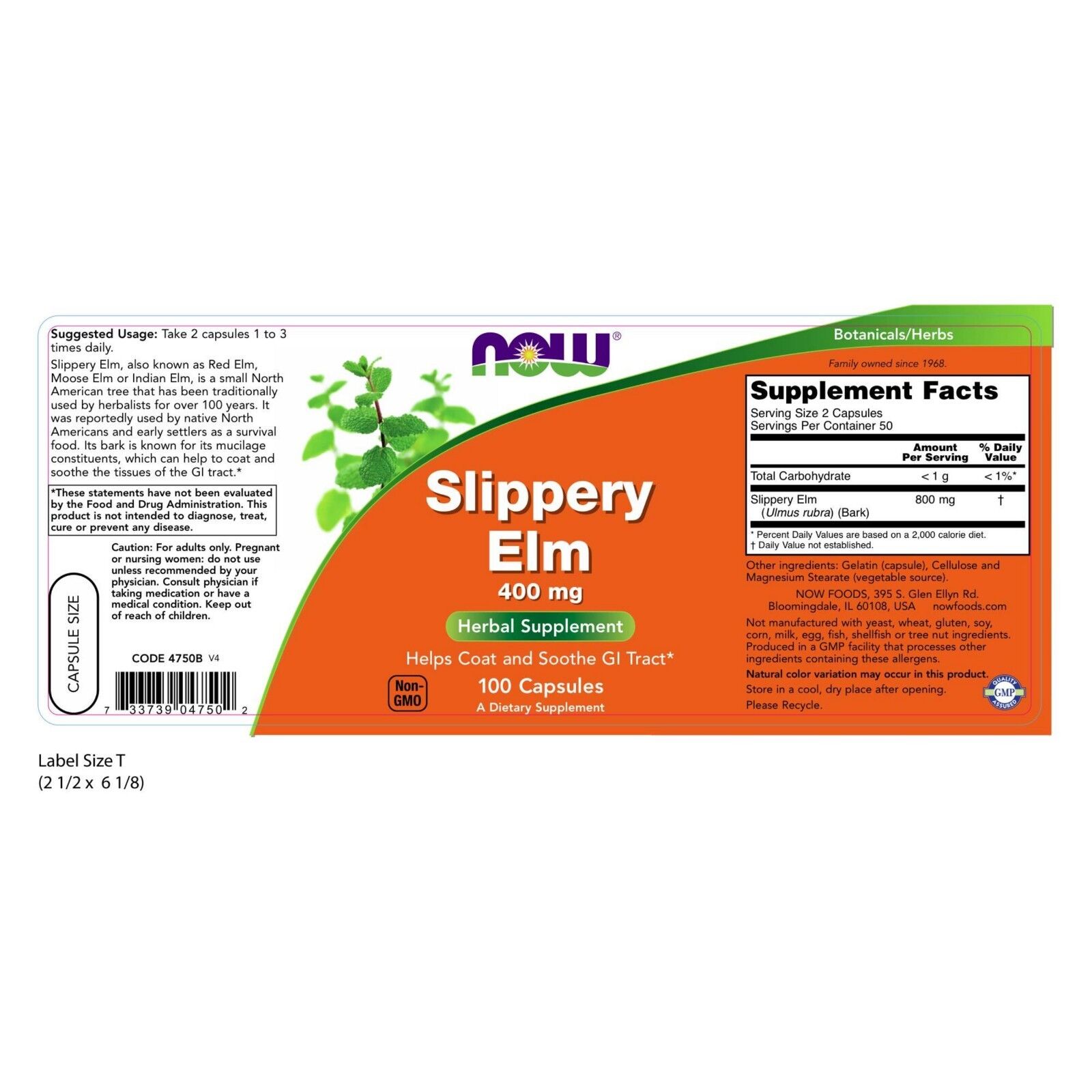 NOW Foods Slippery Elm, 400 mg, 100 Veg Capsules 24Hr Smart