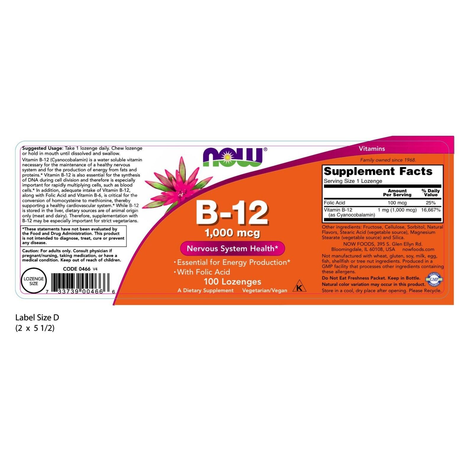 NOW Foods Vitamin B-12 (1000 mcg) with Folic Acid Chewable, 100 Lozenges 24Hr Smart
