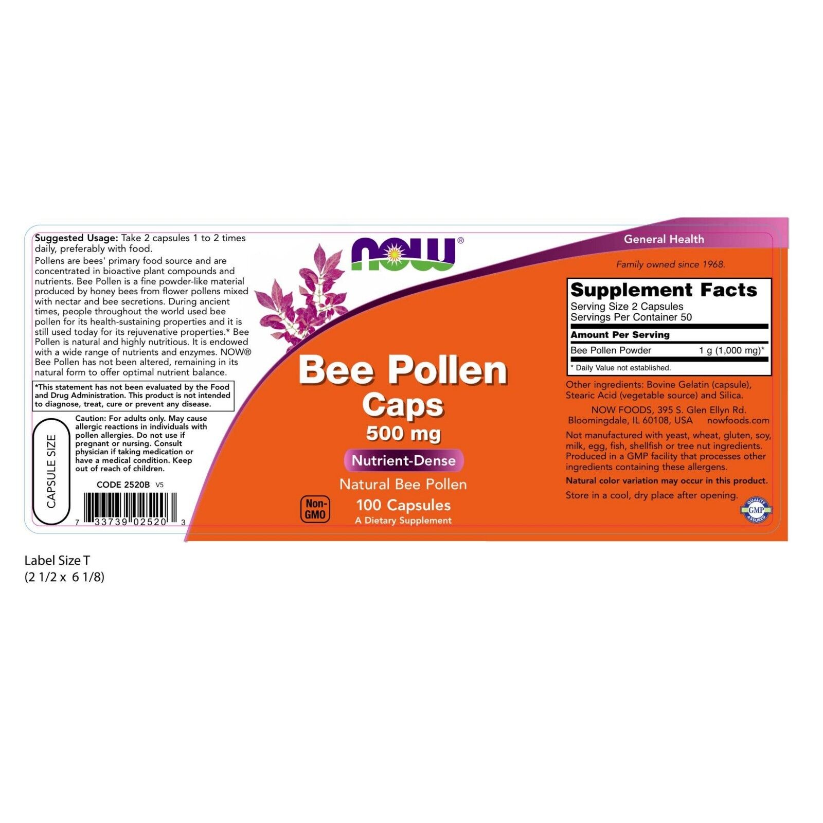 NOW Foods Bee Pollen, 500 mg, 100 Capsules 24Hr Smart