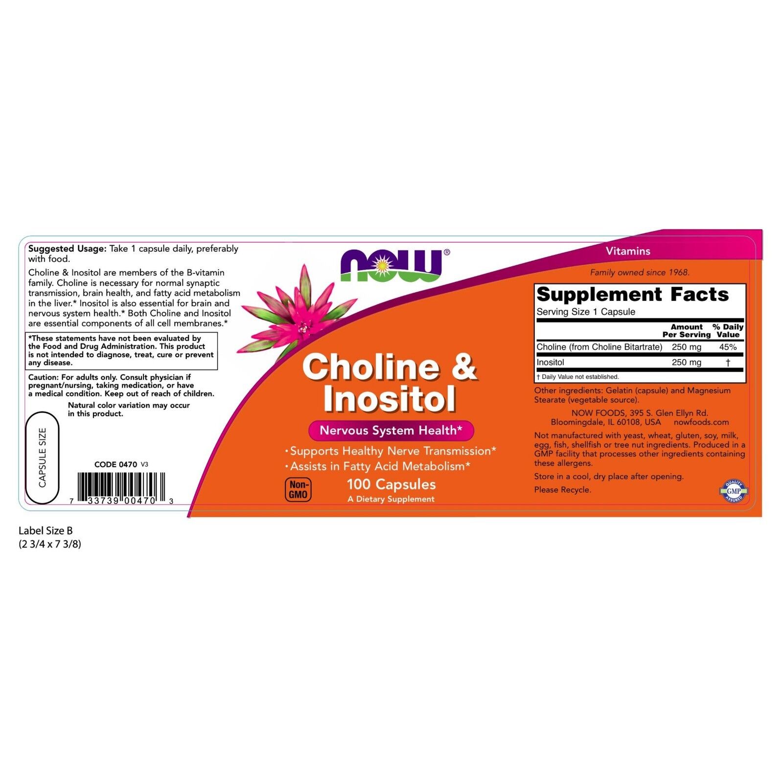 NOW Foods Choline & Inositol, 500 mg, 100 Capsules 24Hr Smart