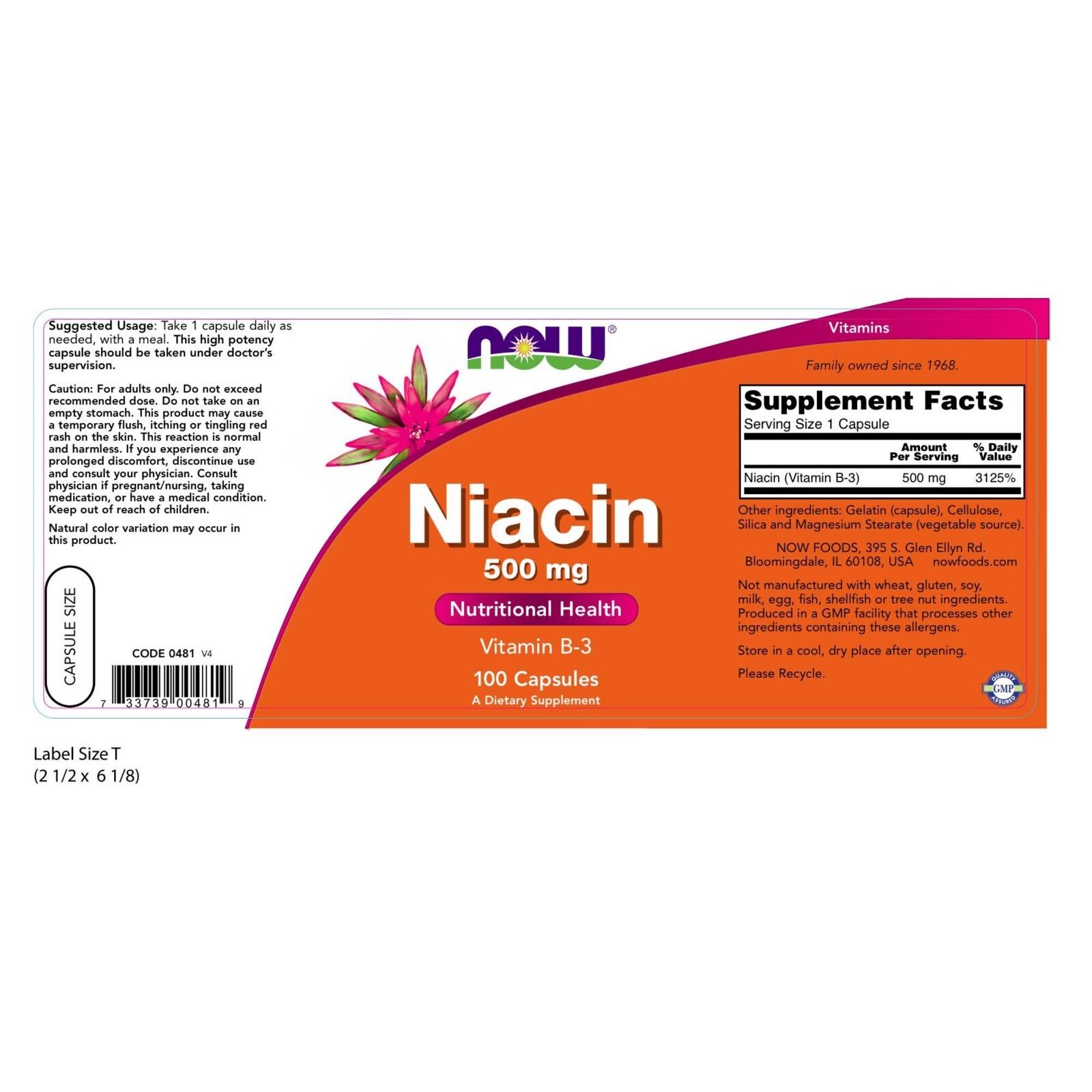 NOW Foods Niacin, 500 mg, 100 Capsules 24Hr Smart