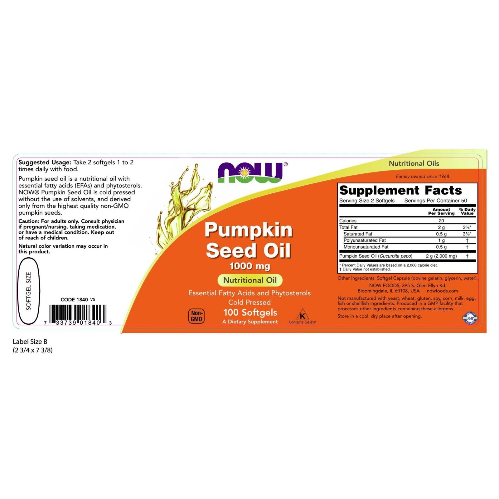 NOW Foods Pumpkin Seed Oil, 1000 mg, 100 Soft gels 24Hr Smart