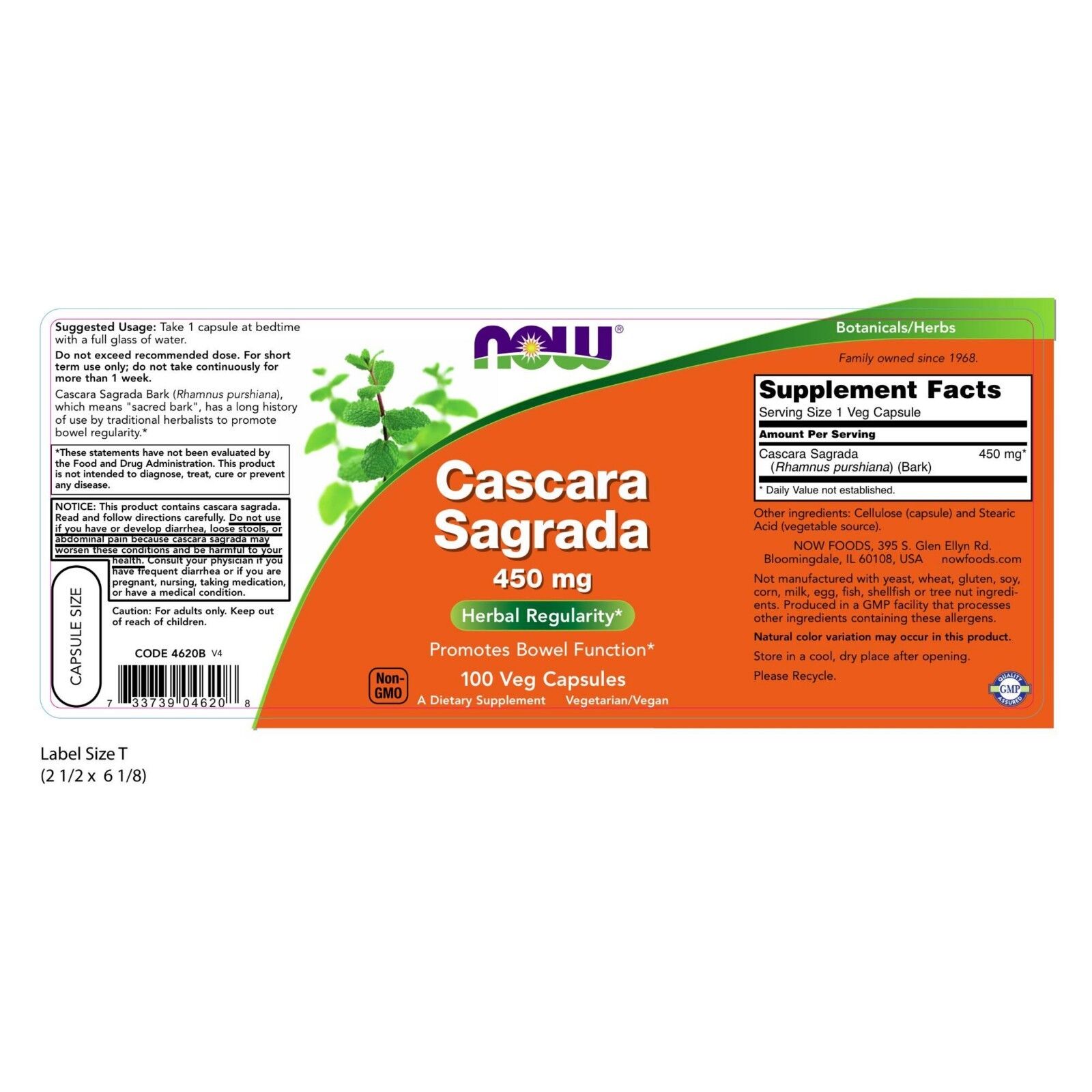 NOW Foods Cascara Sagrada, 450 mg, 100 Veg Capsules 24Hr Smart