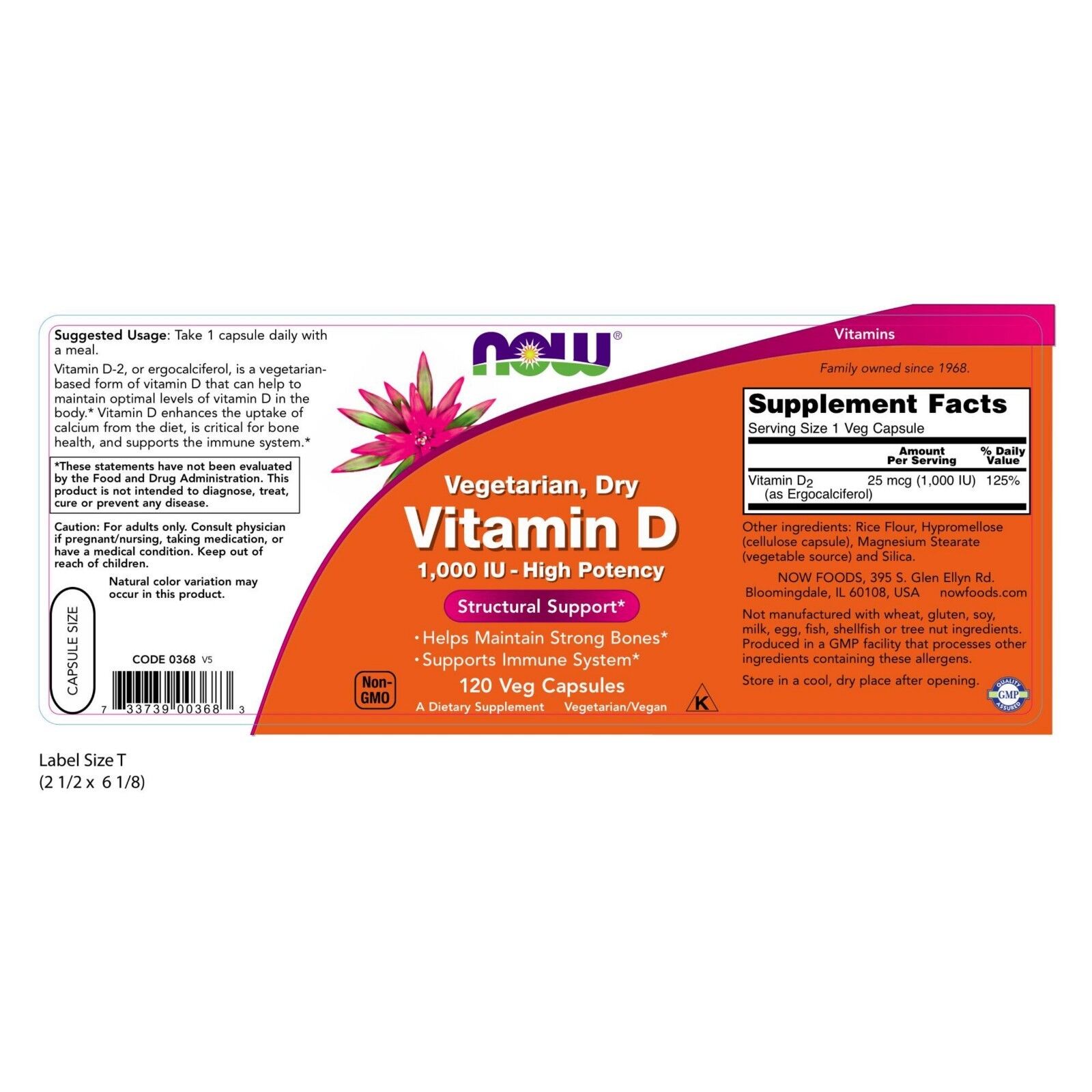 NOW Foods Vitamin D, 1000 IU, 120 Dry Veg Capsules 24Hr Smart