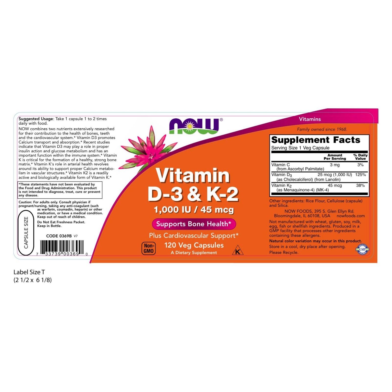 NOW Foods Vitamin D-3 & K-2, 120 Veg Capsules 24Hr Smart