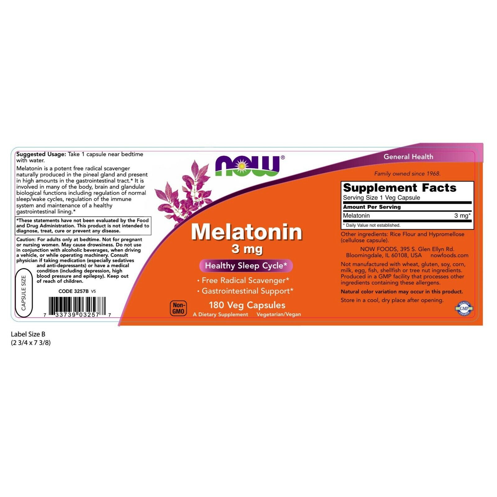 NOW Foods Melatonin, 3 mg, 180 Veg Capsules 24Hr Smart