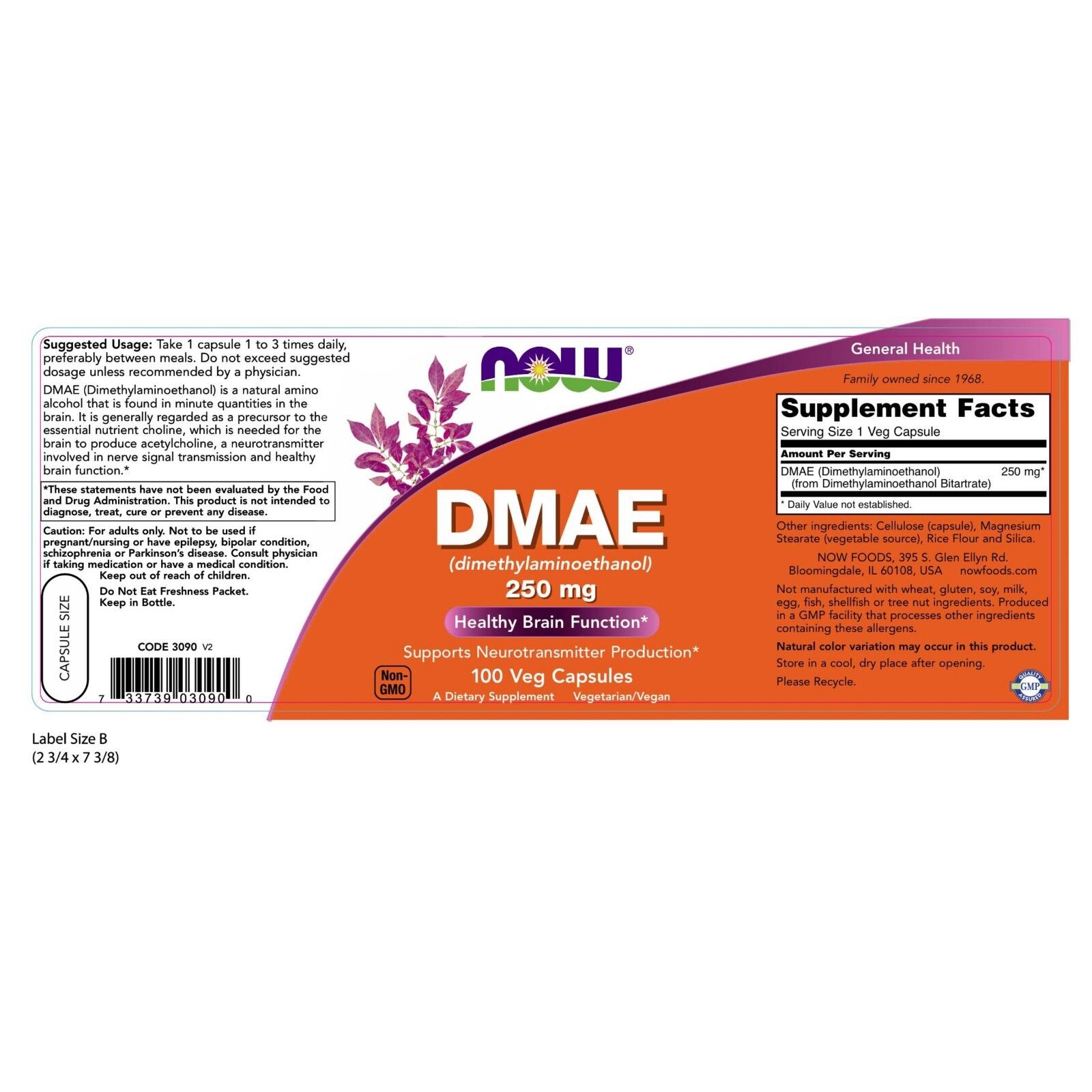 NOW Foods DMAE 250 mg, 100 Veg Capsules 24Hr Smart