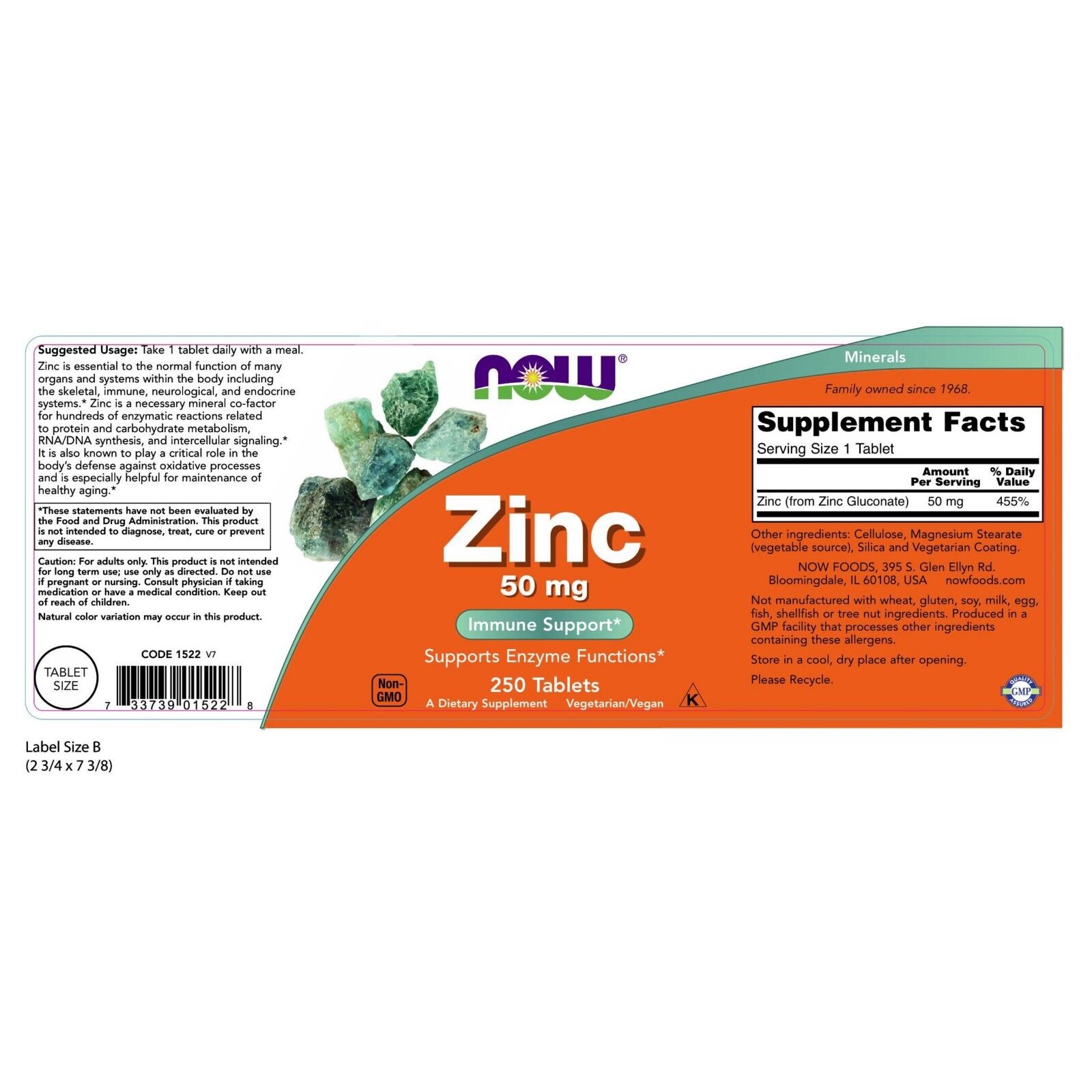 NOW Foods Zinc Gluconate, 50 mg, 250 Tablets 24Hr Smart