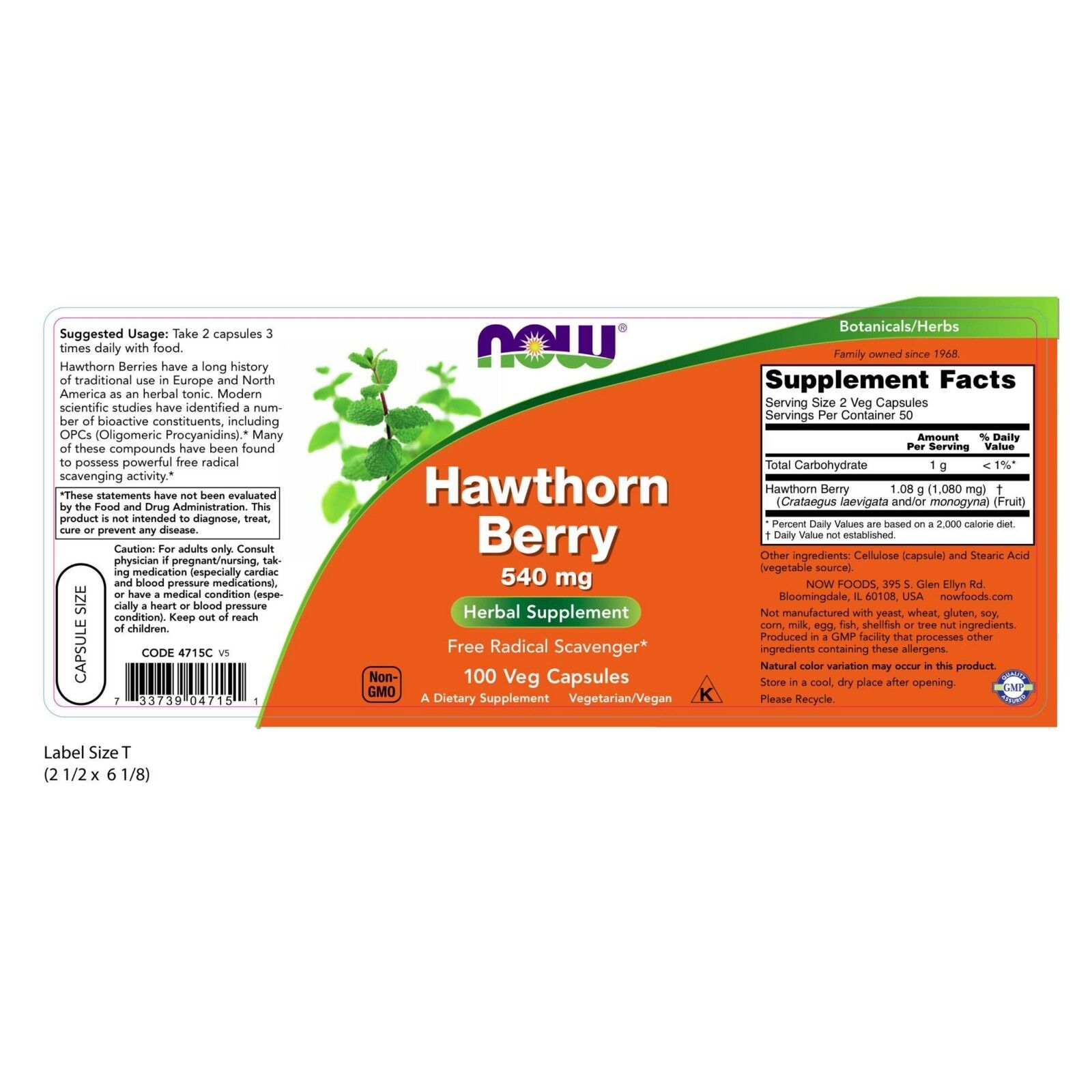 NOW Foods Hawthorn Berry 540 mg, 100 Veg Capsules 24Hr Smart