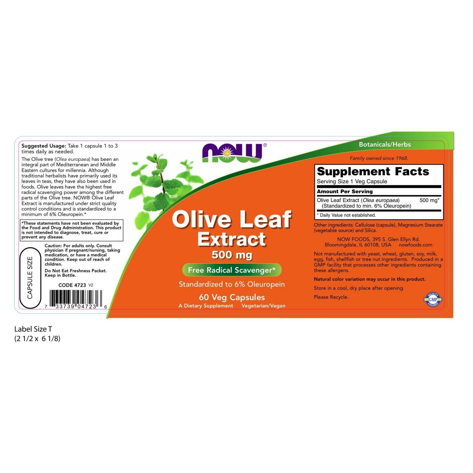 NOW Foods Olive Leaf Extract, 500 mg, 60 Veg Capsules