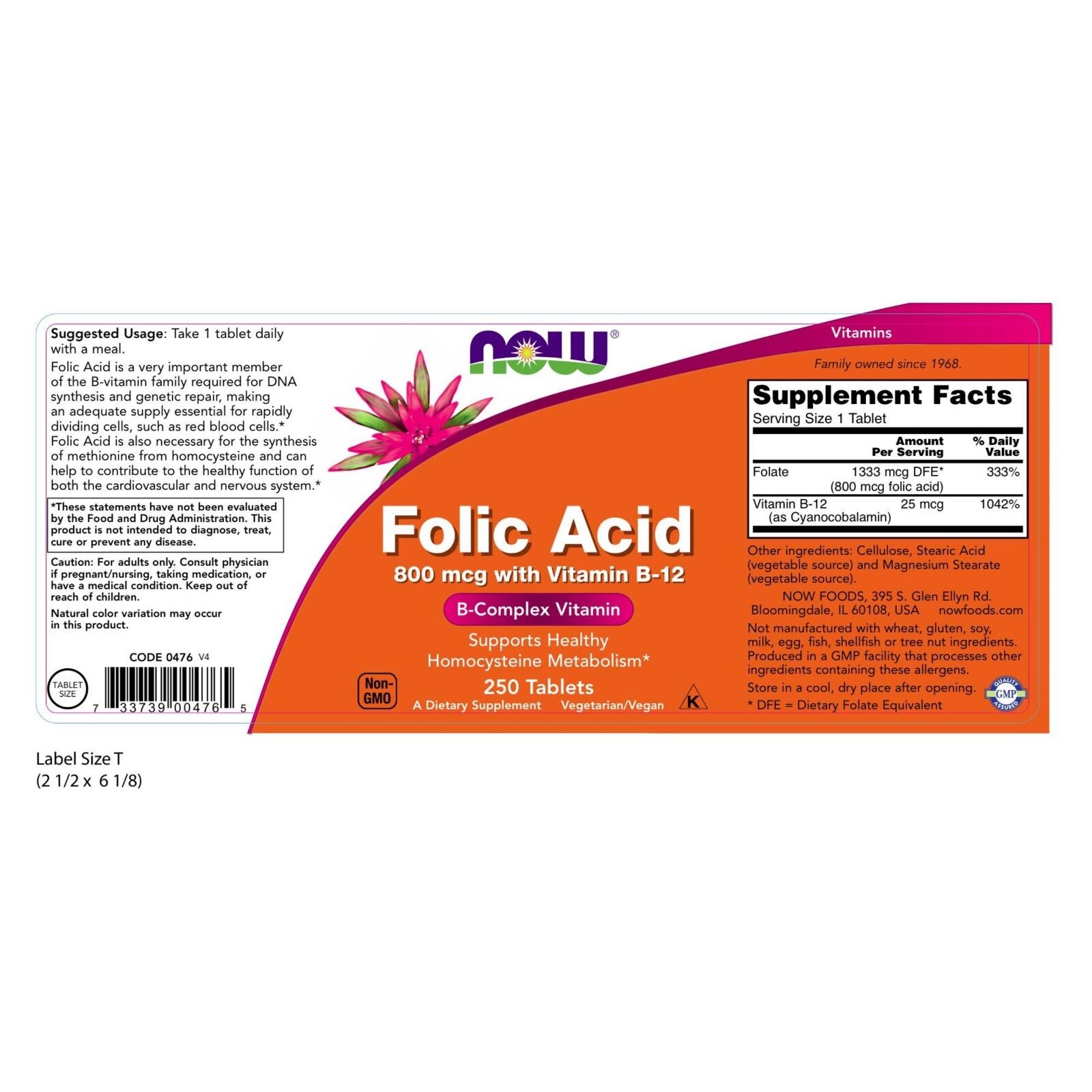NOW Foods Folic Acid, 800 mcg with Vitamin B-12, 250 Tablets 24Hr Smart