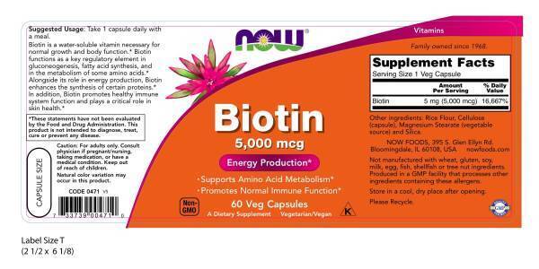 NOW Foods Biotin, 5000 mcg, 60 Veg Capsules 24Hr Smart