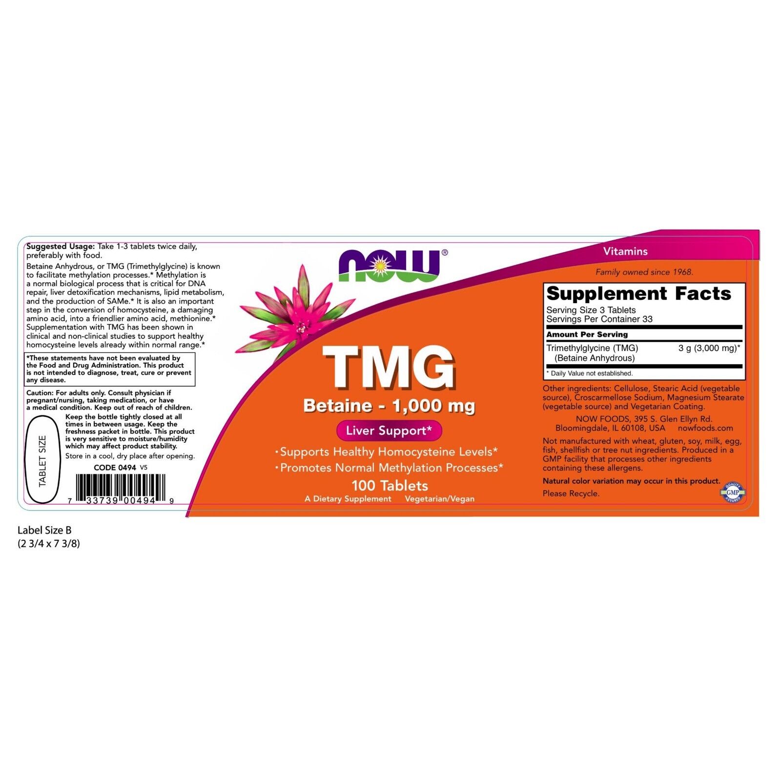 NOW Foods TMG (Trimethyl glycine), 1,000 mg, 100 Tablets 24Hr Smart