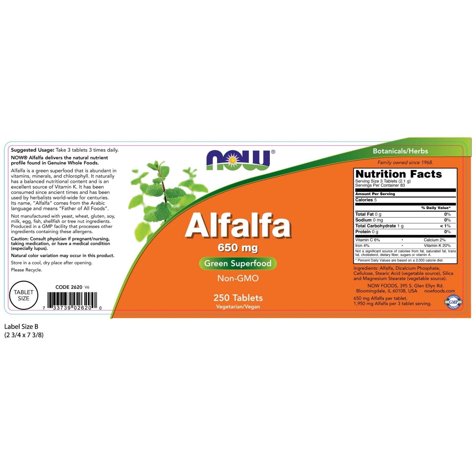 NOW Foods Alfalfa, 650 mg, 250 Tablets 24Hr Smart