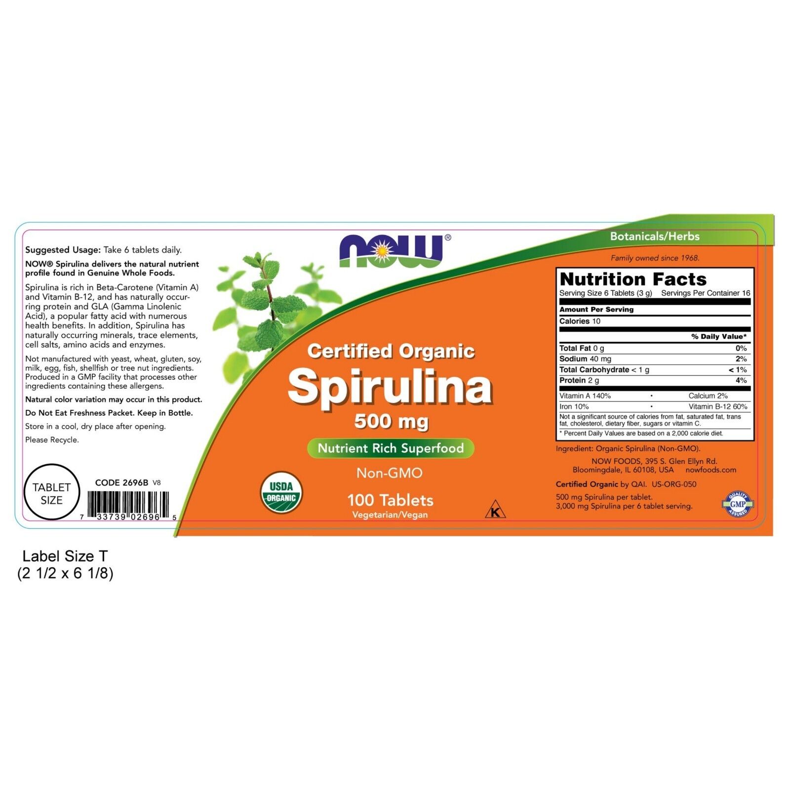NOW Foods Spirulina, 500 mg, Organic, 100 Tablets 24Hr Smart