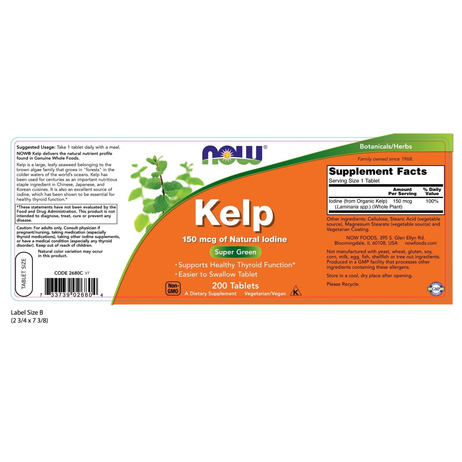 NOW Foods Kelp, 150 mcg, 200 Tablets 24Hr Smart