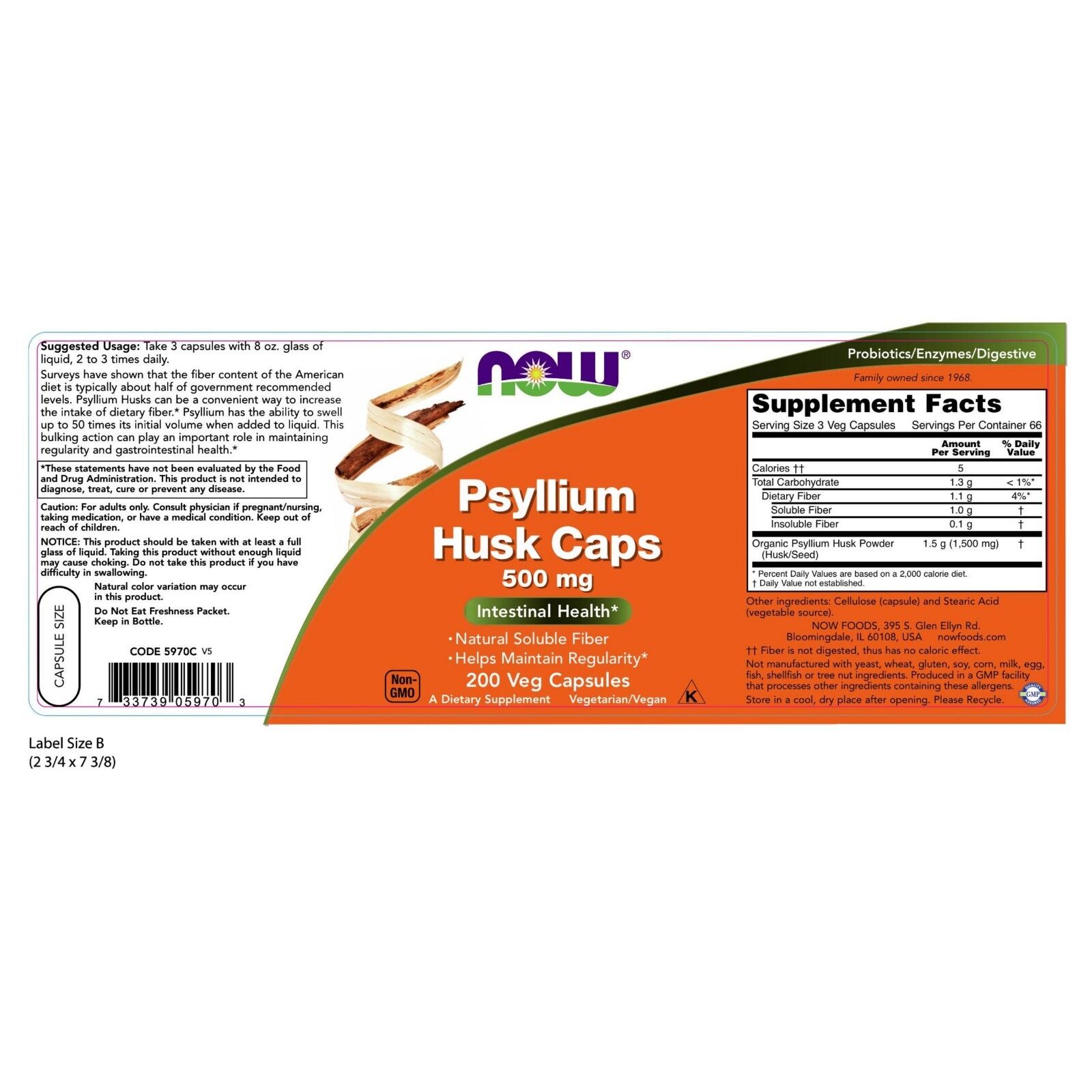 NOW Foods Psyllium Husk, 500 mg, 200 Capsules 24Hr Smart