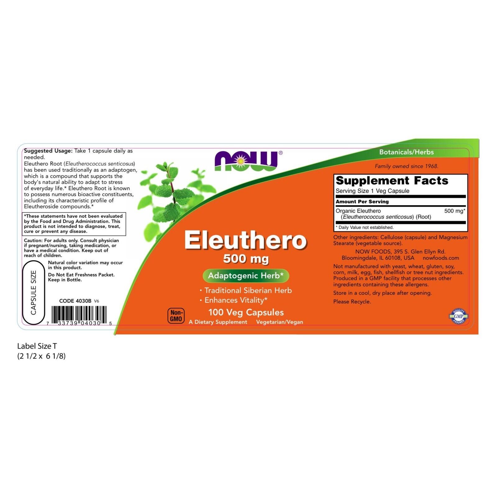 NOW Foods Eleuthero, 500 mg, 100 Veg Capsules