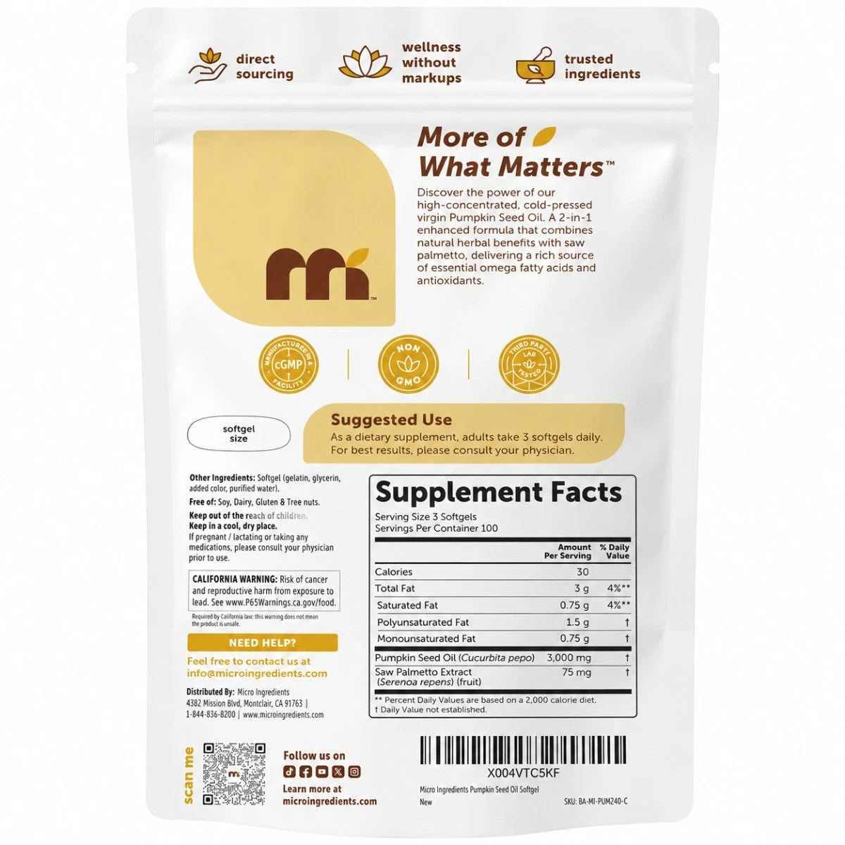 Micro Ingredients Pumpkin Seed Oil 3000mg Saw Palmetto Cold Pressed 300 Softgels - 24hrsmart