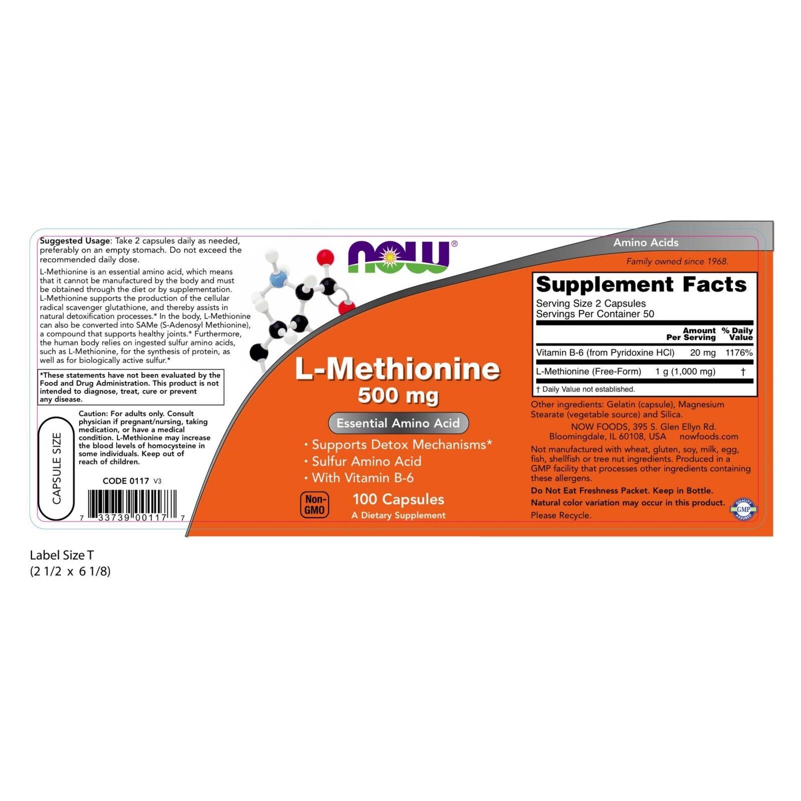 NOW Foods L-Methionine, 500 mg, 100 Capsules 24Hr Smart