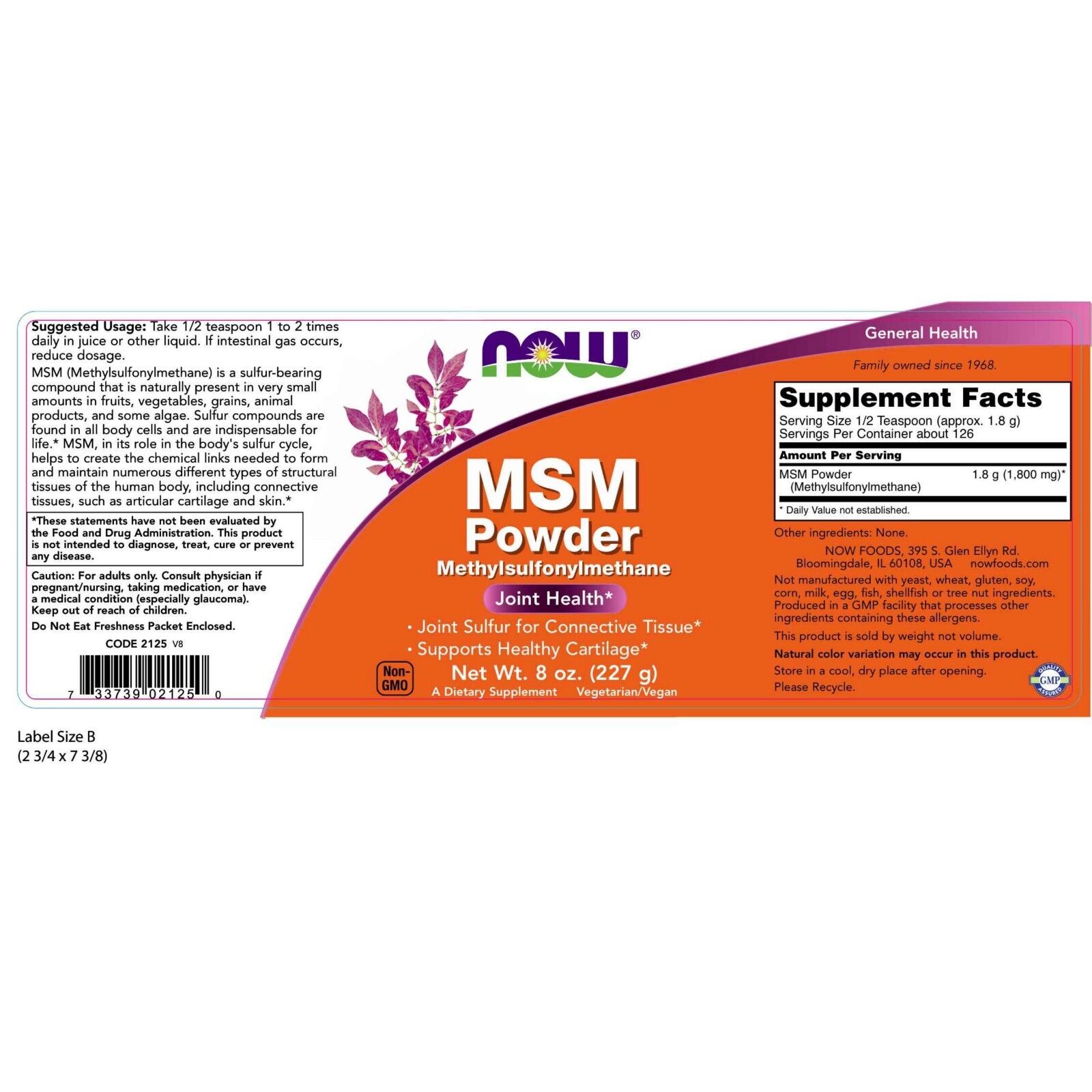 NOW Foods MSM, 1800 mg, 8 oz Powder