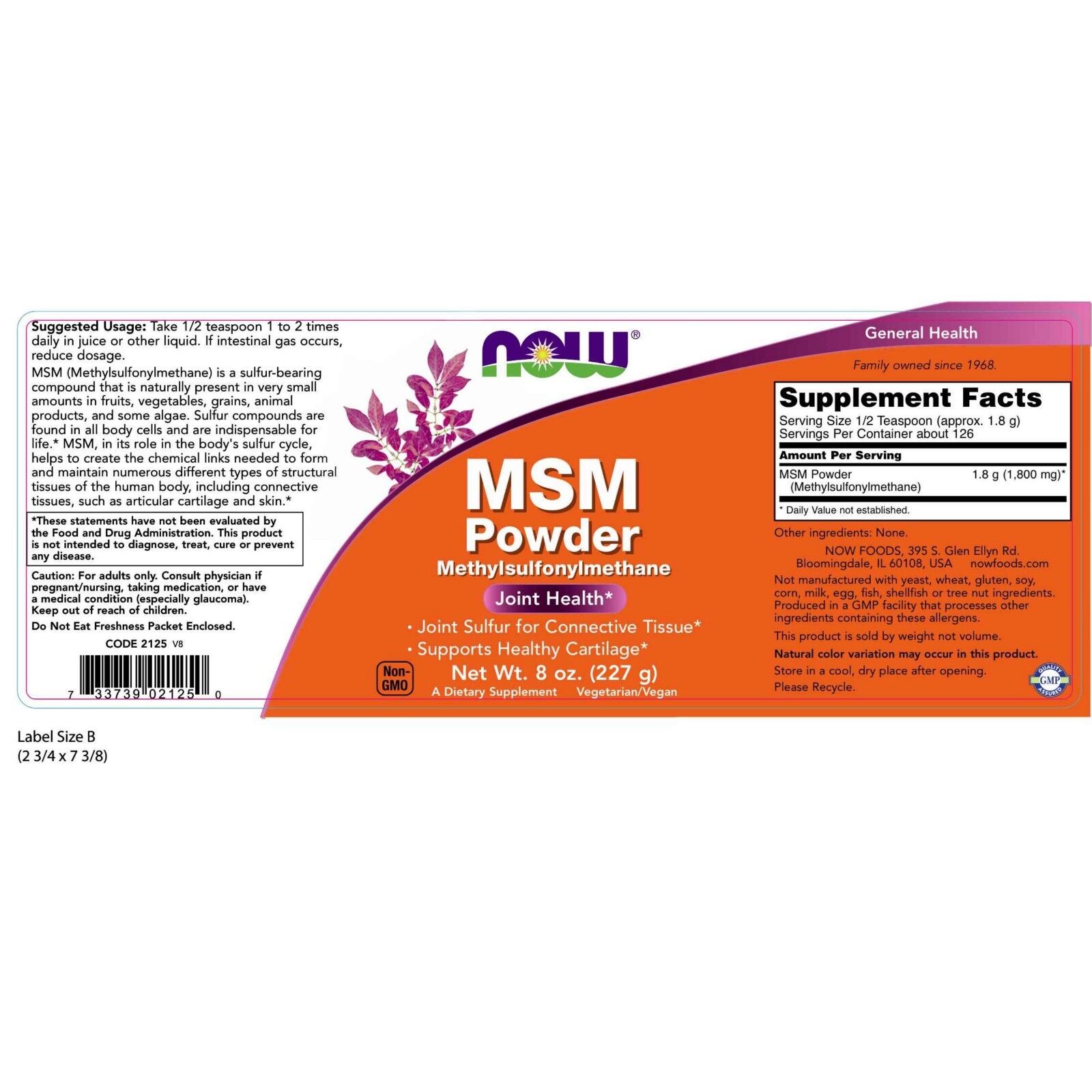 NOW Foods MSM, 1800 mg, 8 oz Powder 24Hr Smart