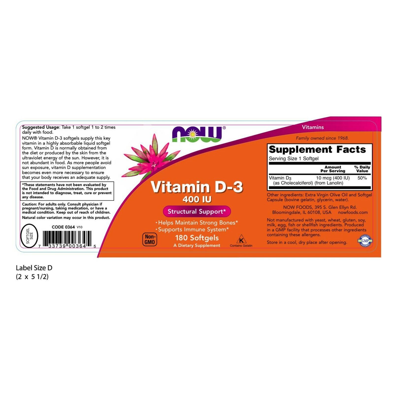NOW Foods Vitamin D-3, 400 IU, 180 Softgels 24Hr Smart