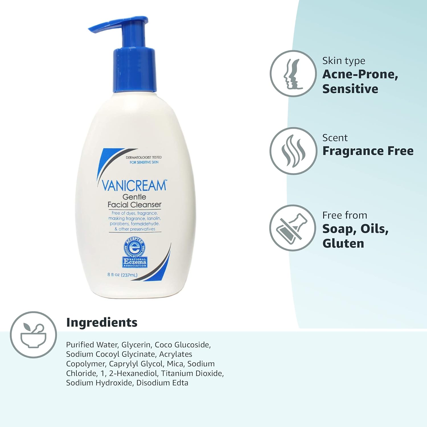 Vanicream Gentle Facial Cleanser with Pump Dispenser - 8 fl oz - Formulated Without Common Irritants for Those with Sensitive Skin - 24hrsmart