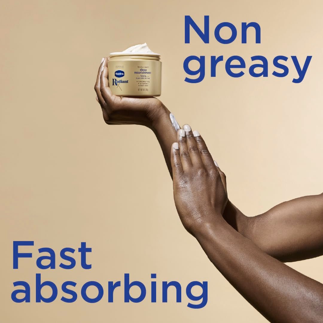 Vaseline Radiant X Deep Nourishment Body Cream 100% Pure Shea Butter, Coconut Oil, Vitamin C, & Peptides, 10 OZ - 24hrsmart