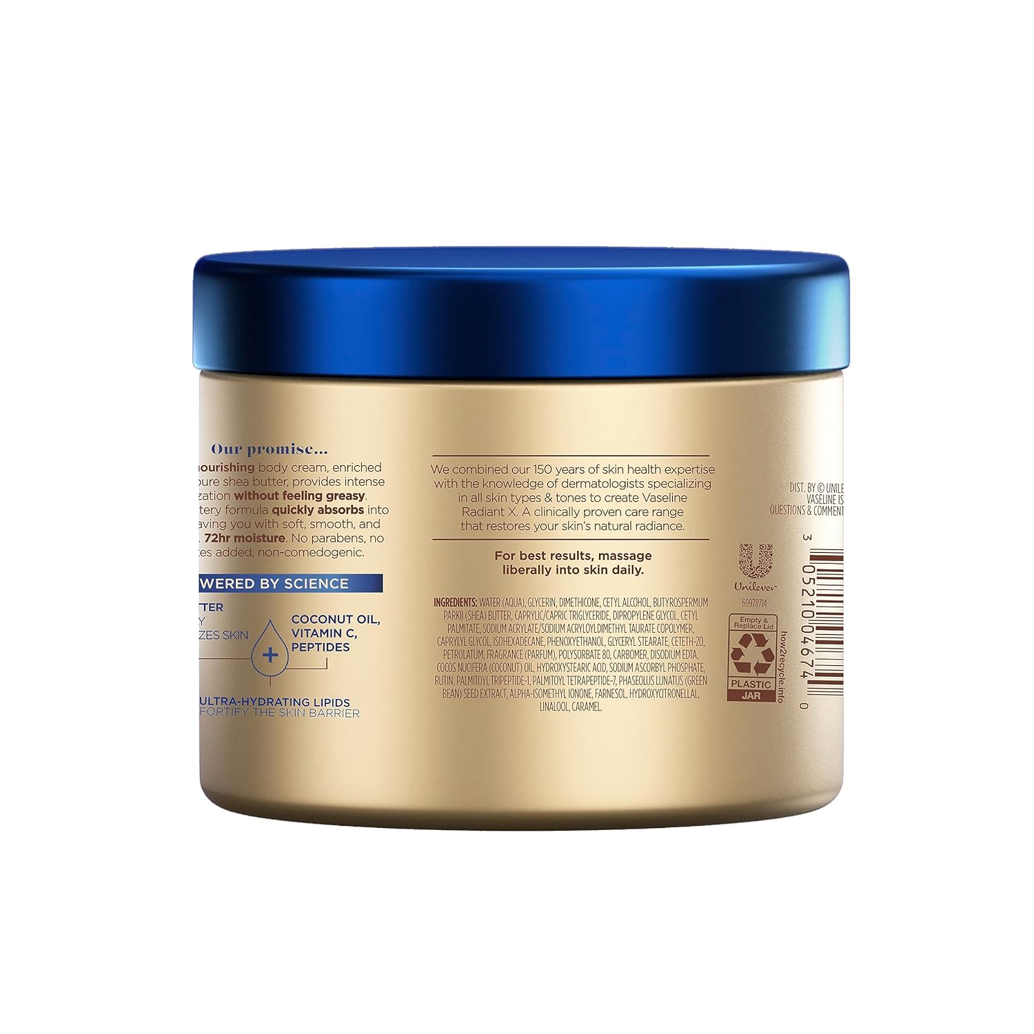 Vaseline Radiant X Deep Nourishment Body Cream 100% Pure Shea Butter, Coconut Oil, Vitamin C, & Peptides, 10 OZ - 24hrsmart