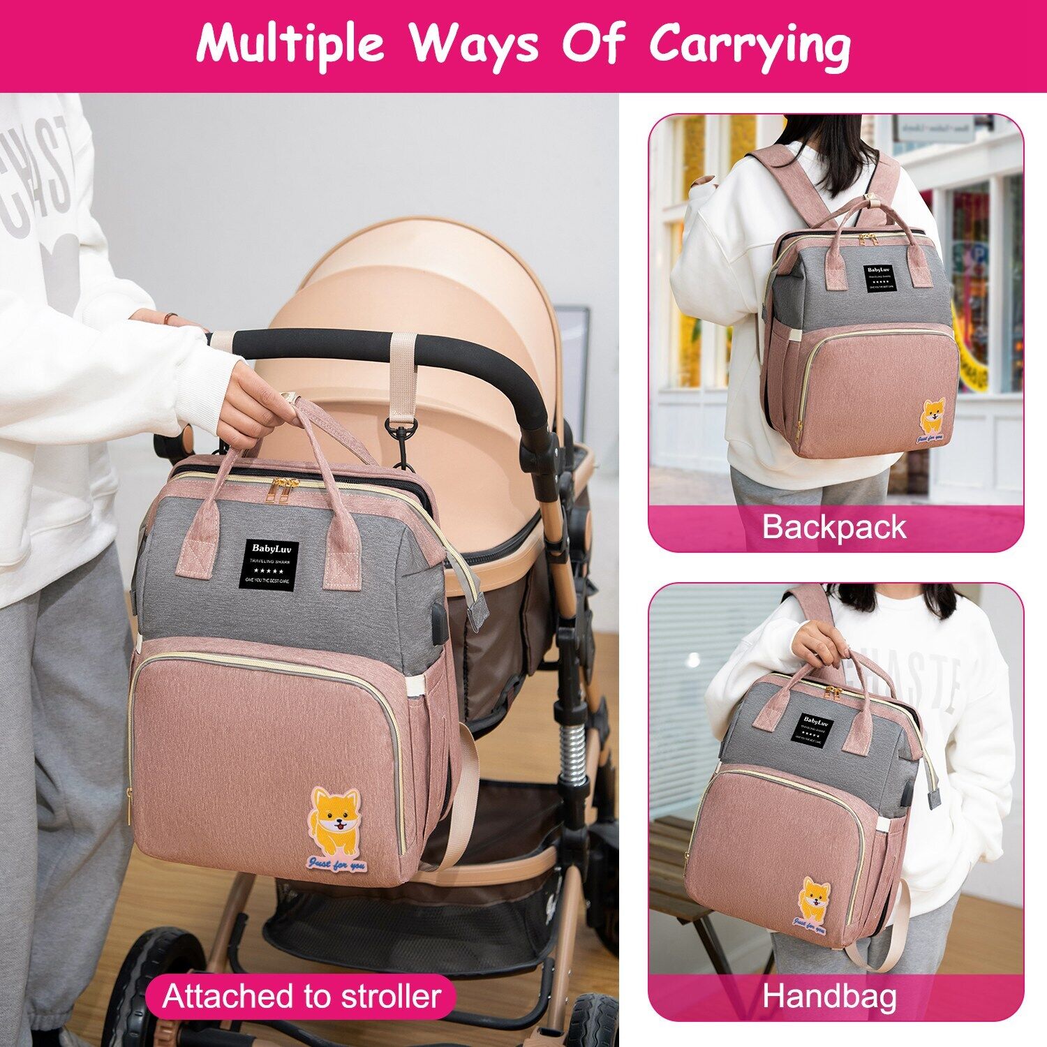 3-in-1 Baby Diaper Bag Backpack with Changing Station Portable Mommy Travel Bag 24Hr Smart