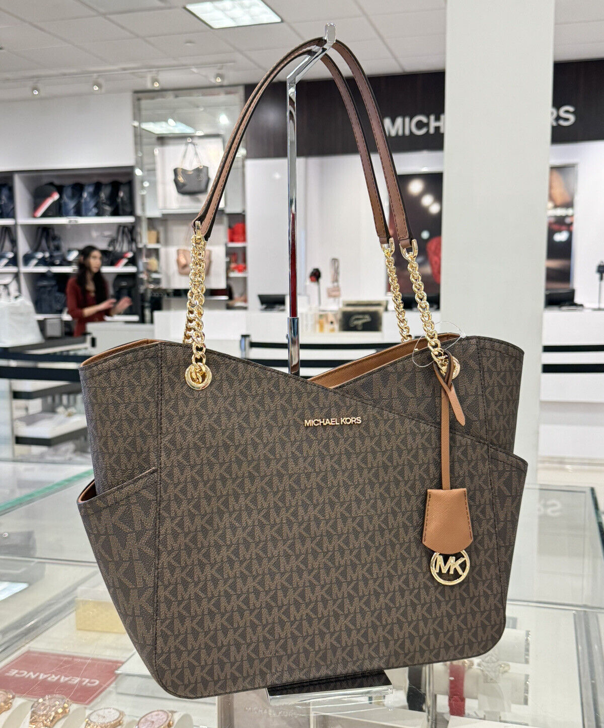 MICHAEL KORS JET SET TRAVEL LARGE CHAIN SHOULDER TOTE BAG MK BROWN 24Hr Smart