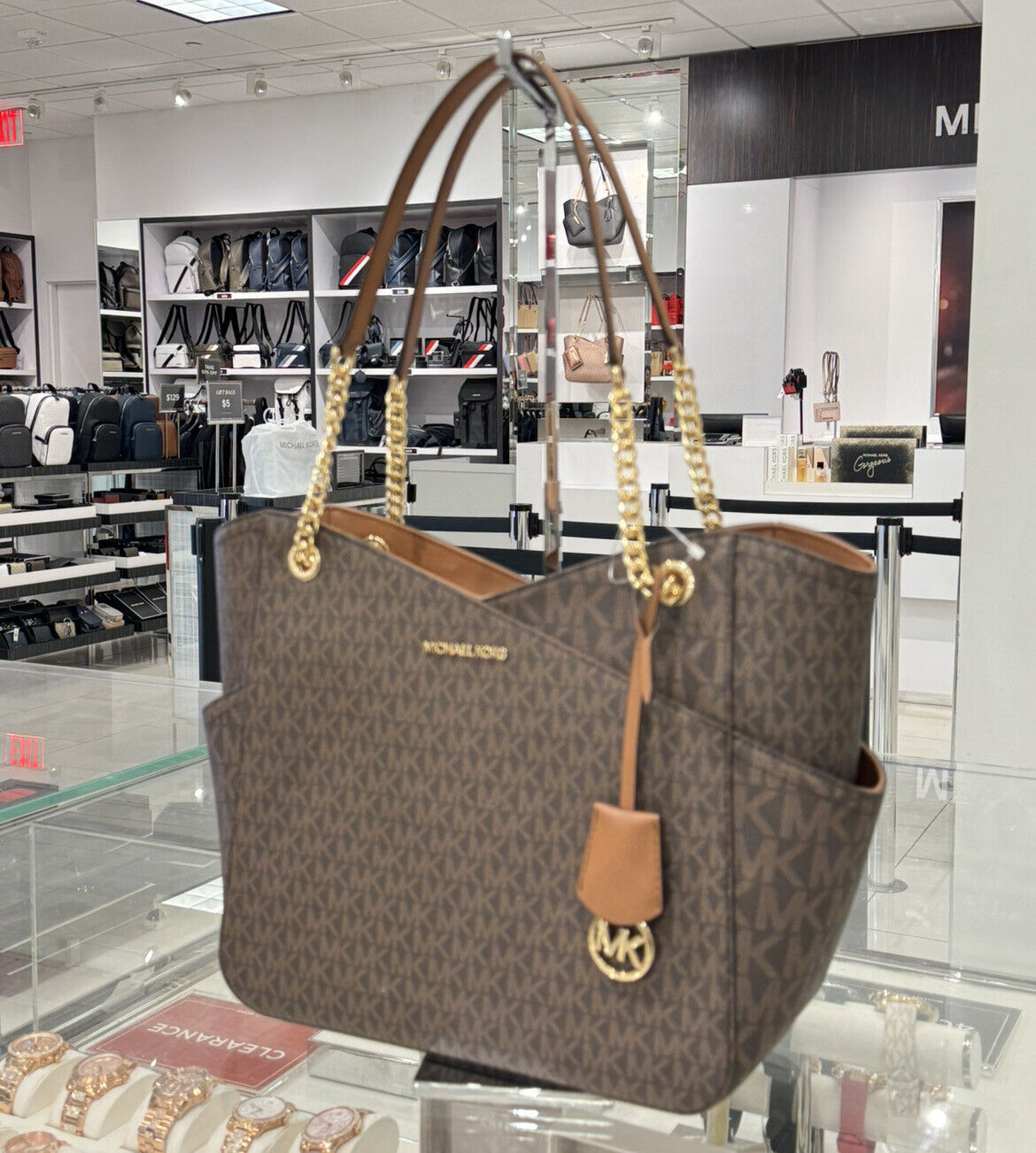 MICHAEL KORS JET SET TRAVEL LARGE CHAIN SHOULDER TOTE BAG MK BROWN 24Hr Smart